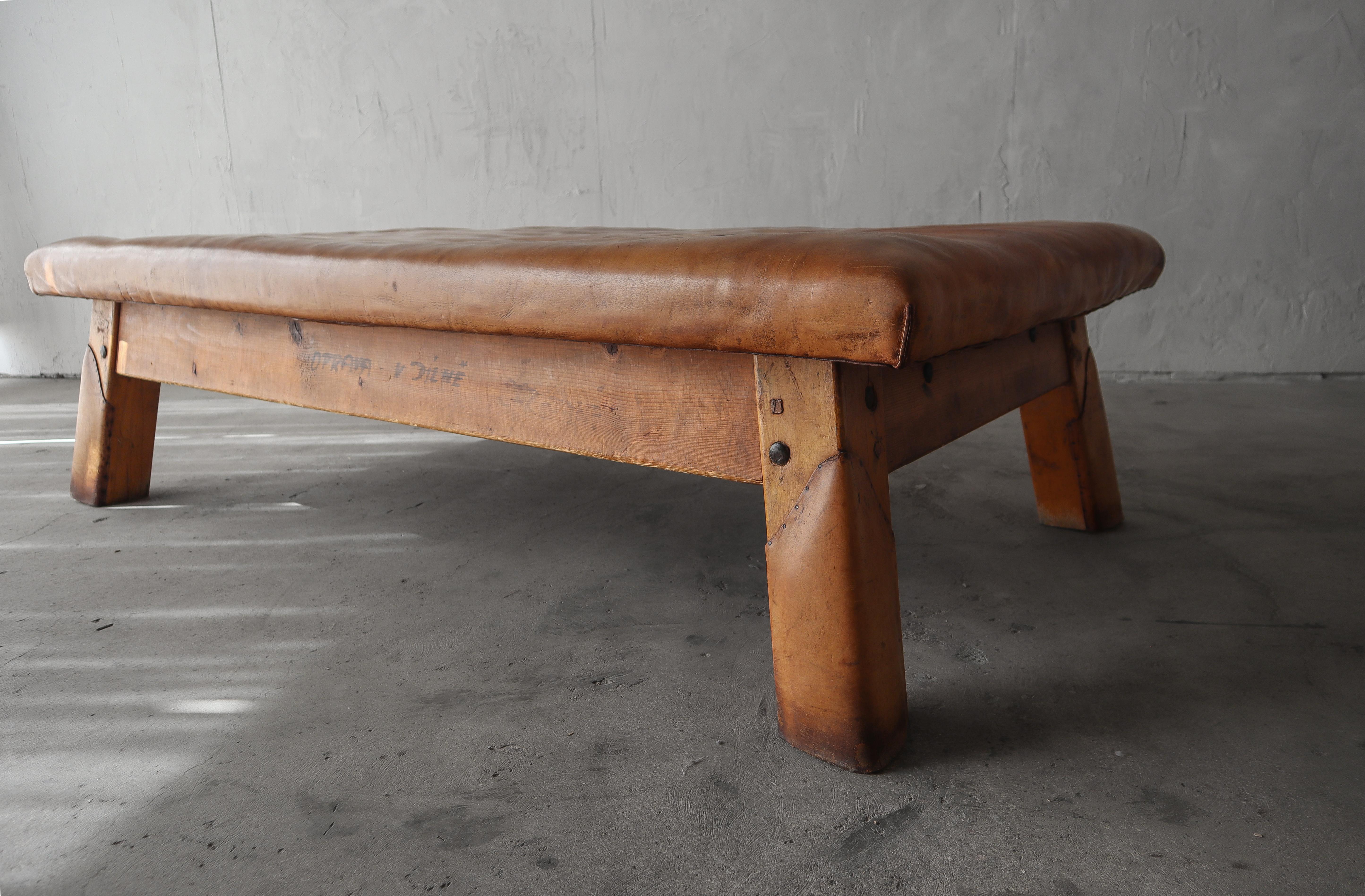 20th Century Vintage Leather and Wood Gym Bench Daybed