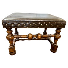 Vintage Leather Ottoman or Bench with carved legs