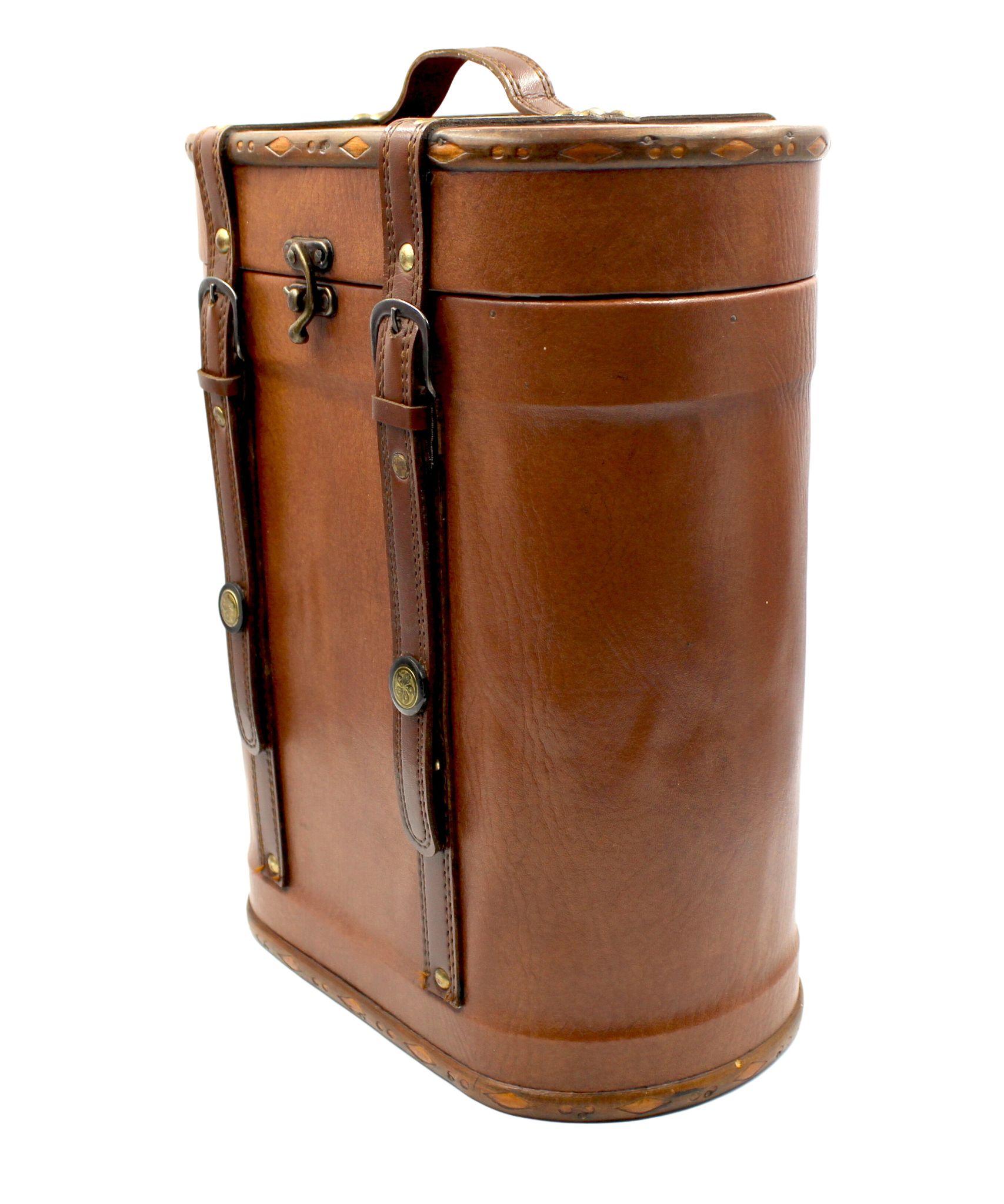 Presented is a vintage leather and wood wine carrier from the 20th century. This carrier is a stylish way to carry two bottles of wine to a picnic or dinner. It also makes great decorative storage around the house for bottles being saved for a