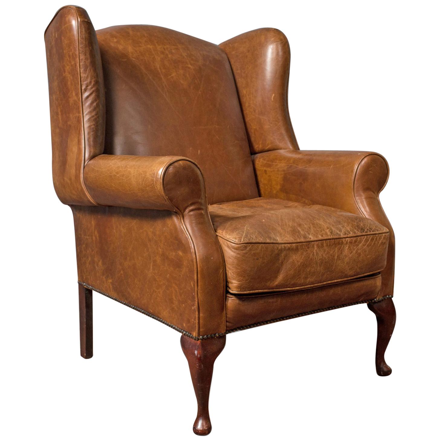 Vintage Leather Armchair, English, Wingback Chair, Late 20th Century