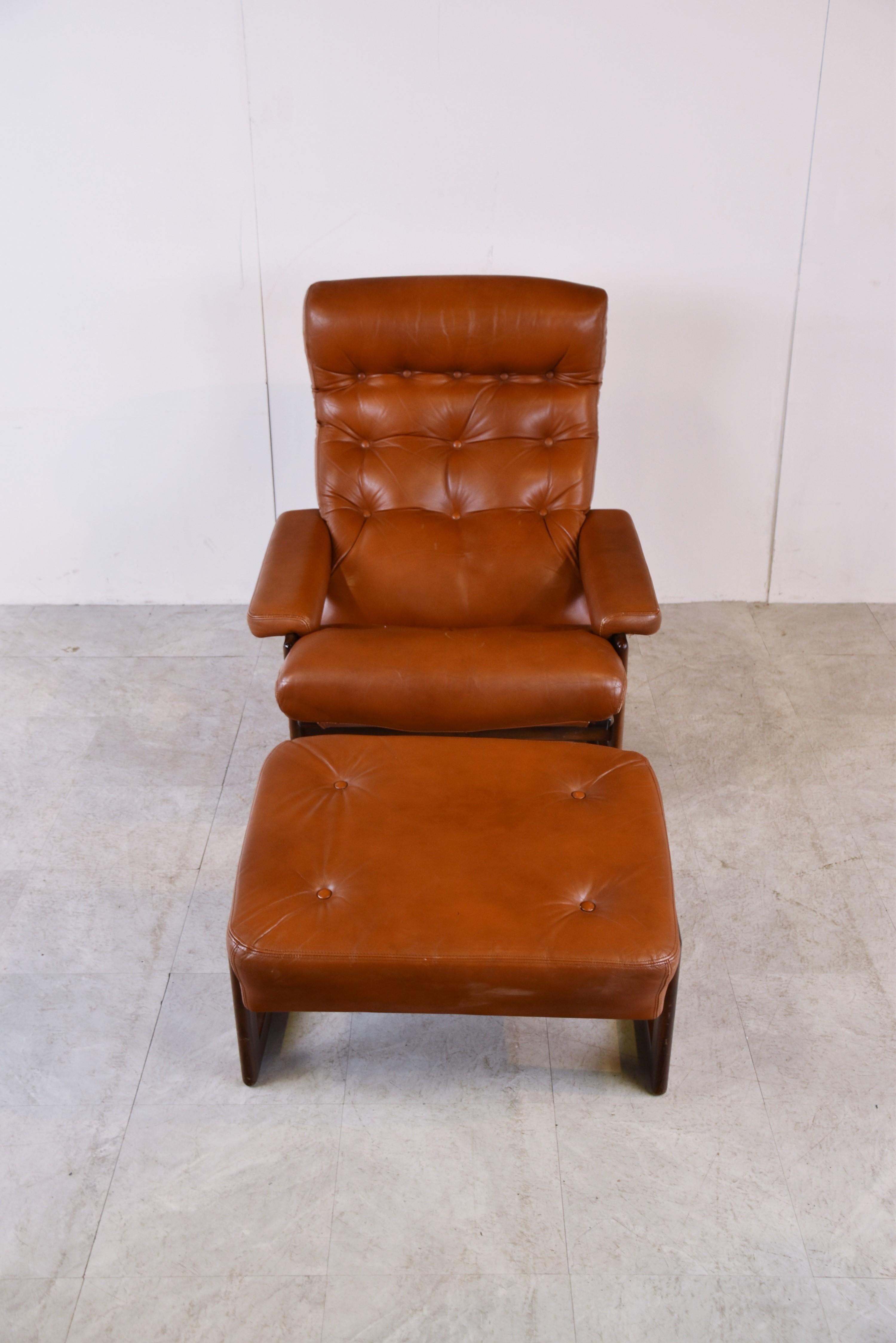 Mid-Century Modern Vintage Leather Armchair with Hocker, 1970s