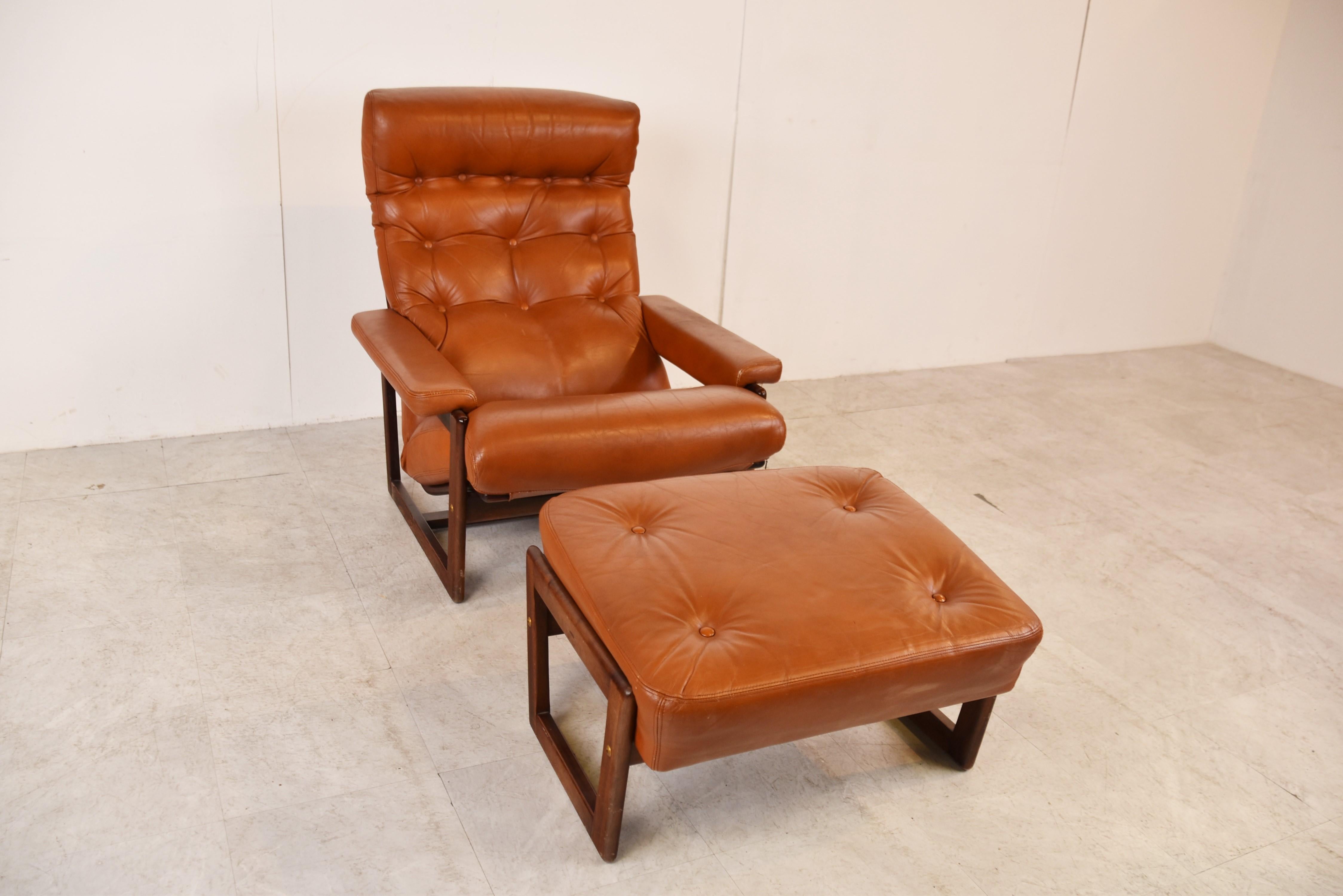 German Vintage Leather Armchair with Hocker, 1970s