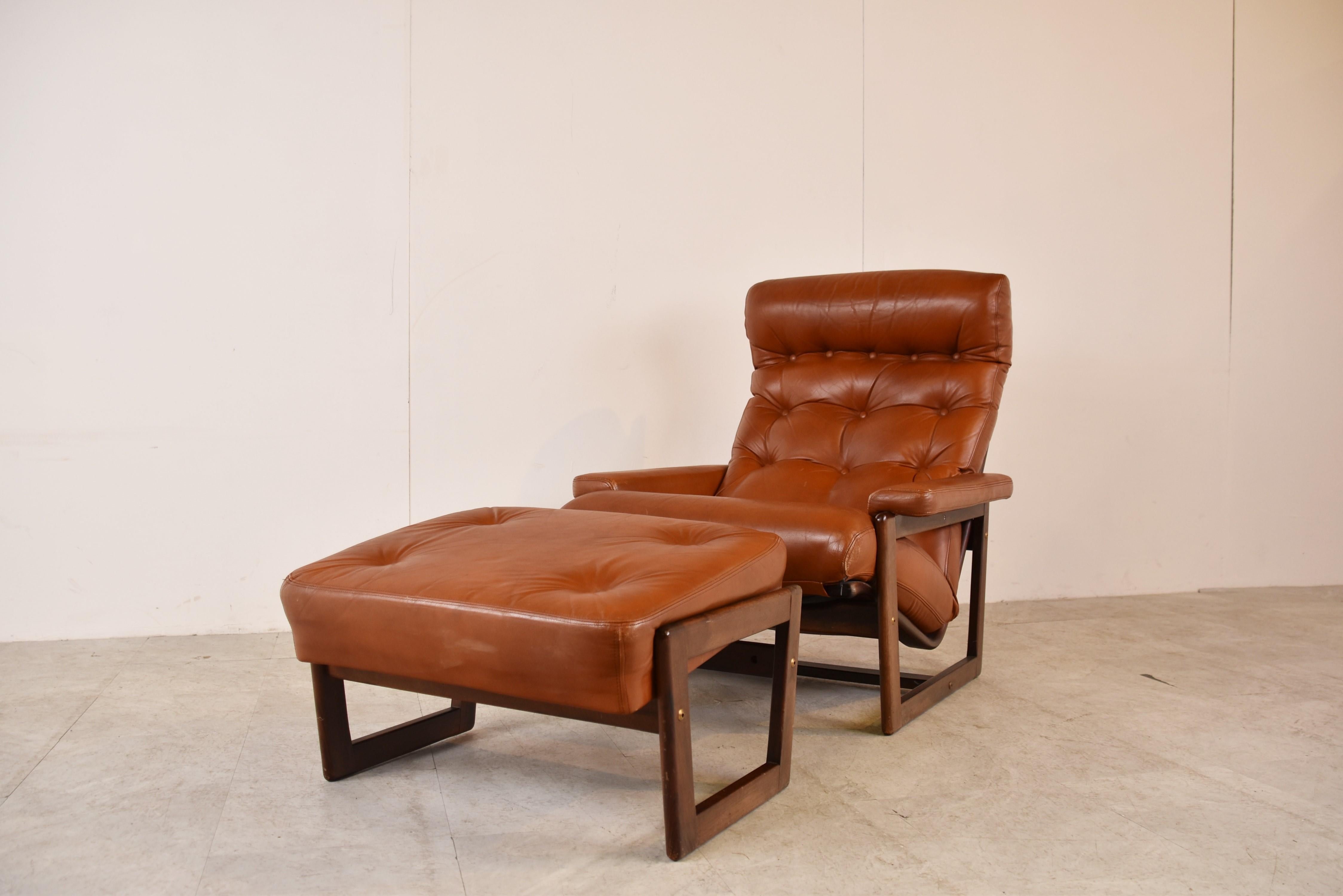 Late 20th Century Vintage Leather Armchair with Hocker, 1970s