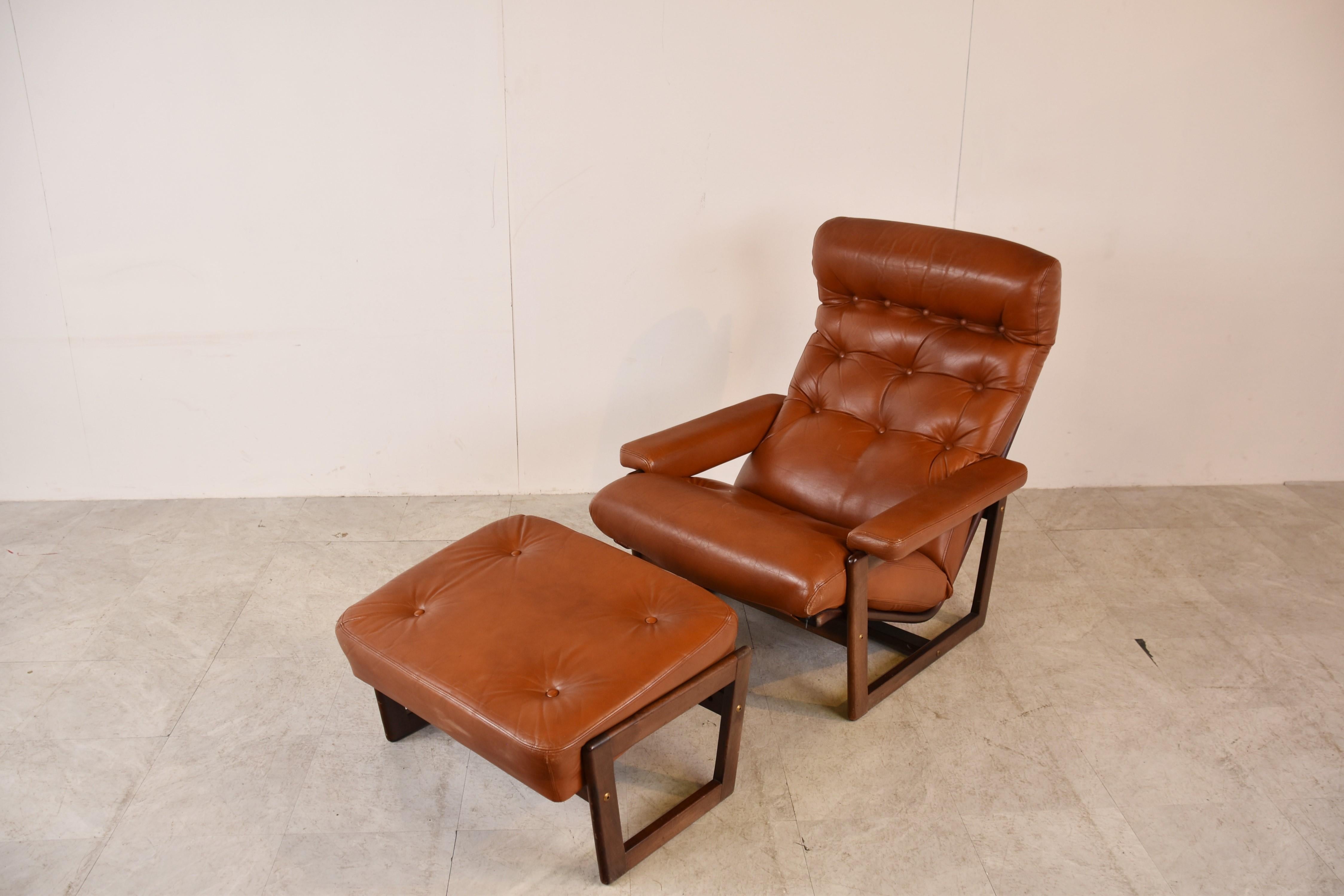 Vintage Leather Armchair with Hocker, 1970s 1