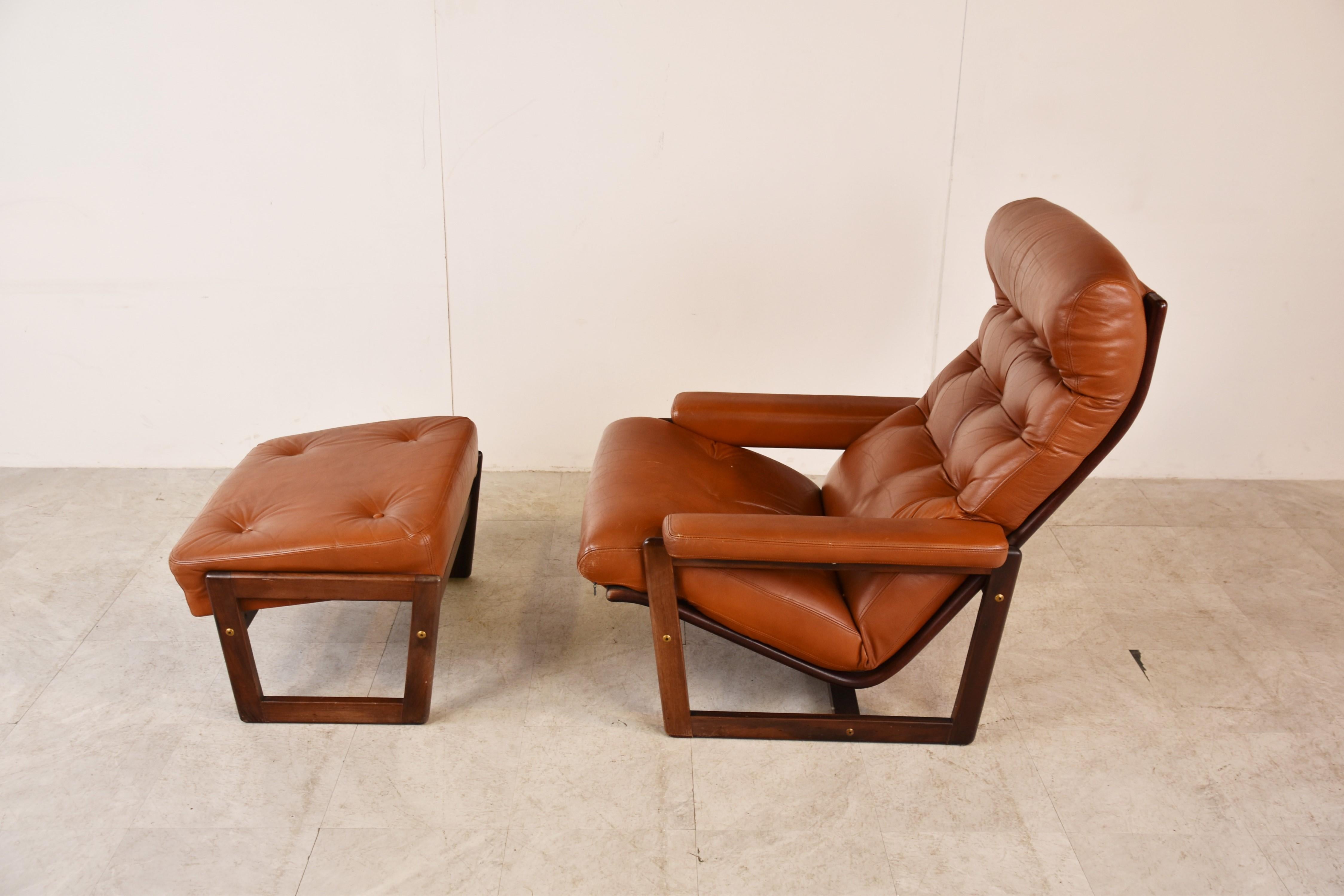 Vintage Leather Armchair with Hocker, 1970s 2