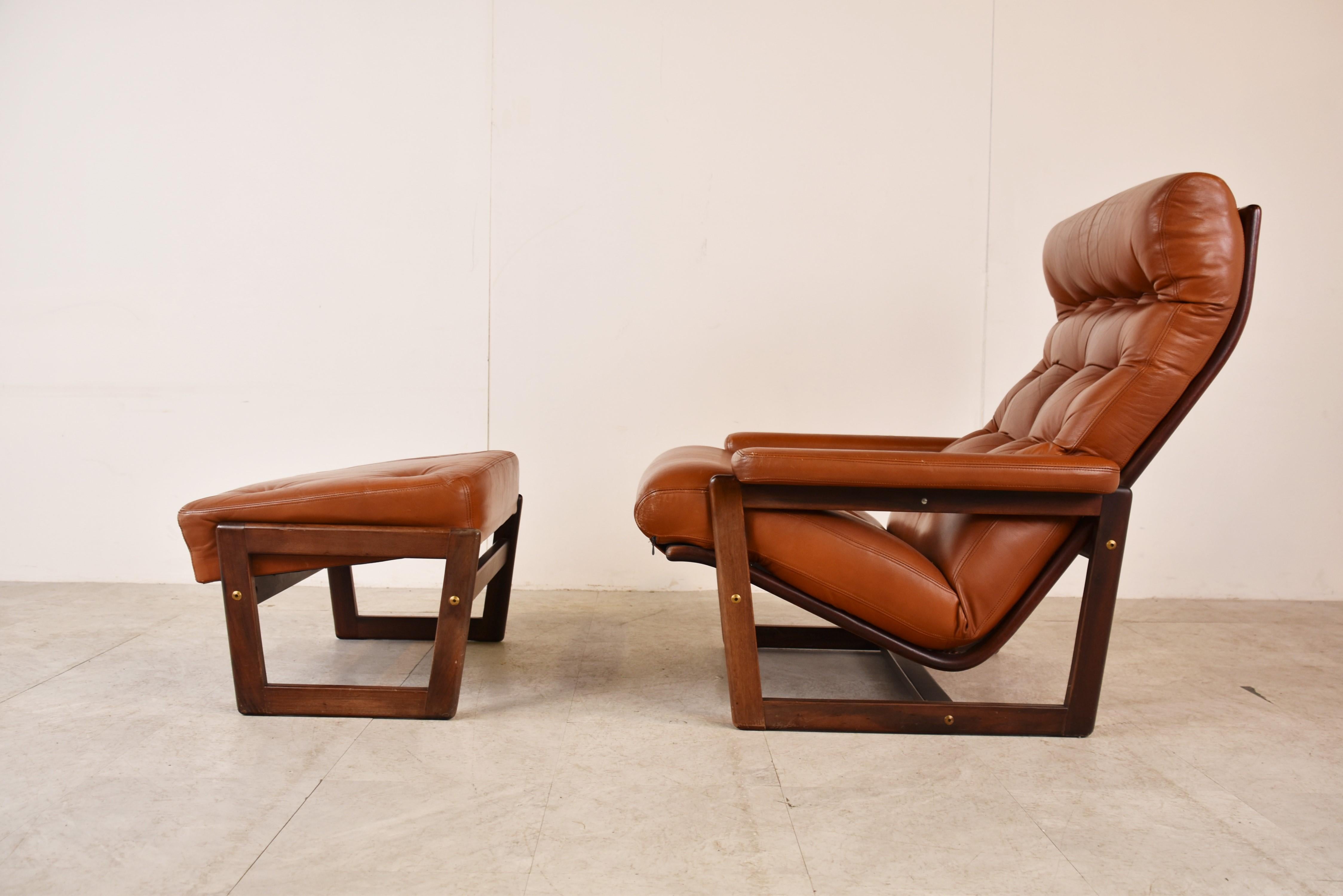 Vintage Leather Armchair with Hocker, 1970s 3