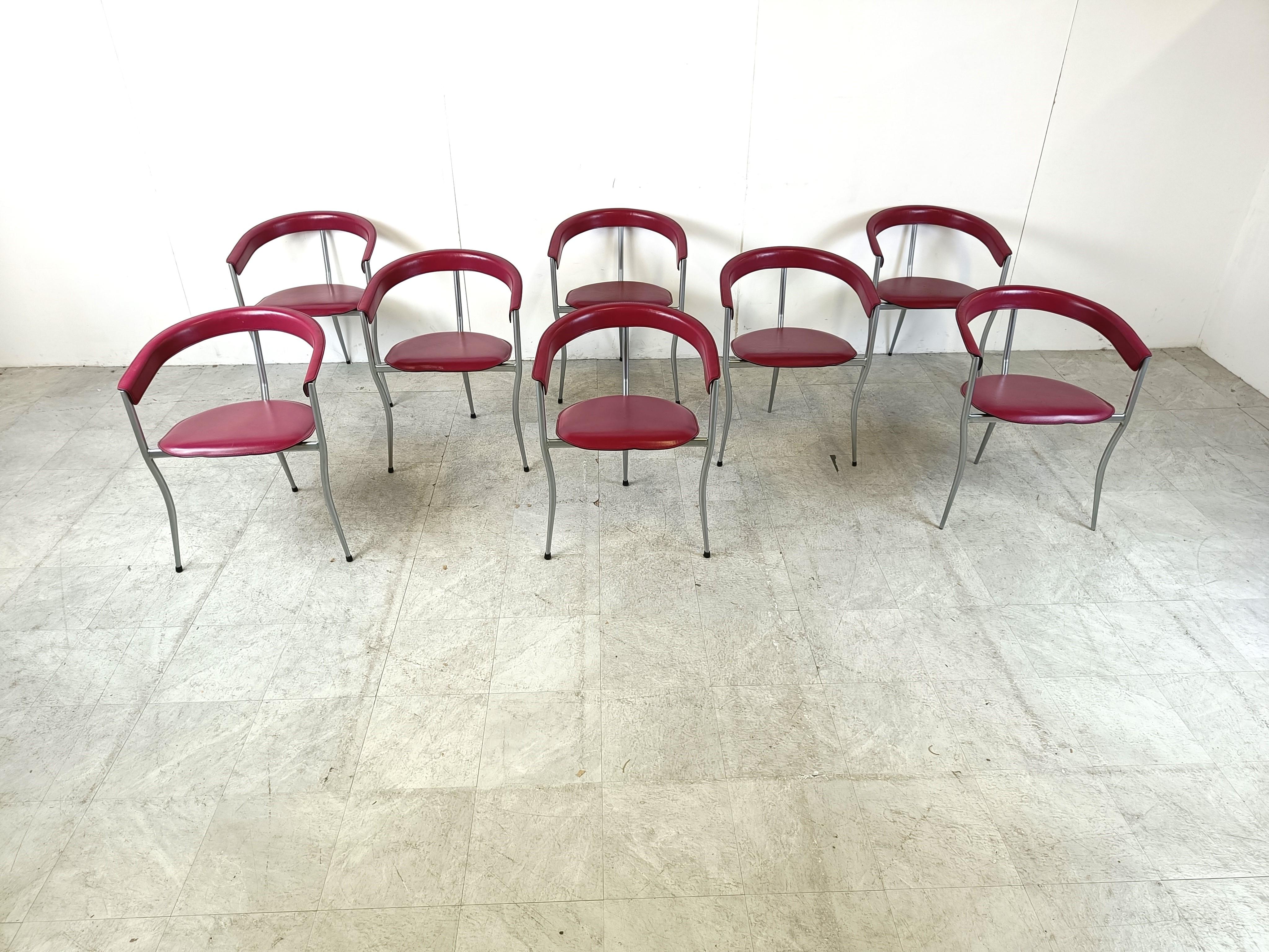 Metal Vintage leather armchairs by Arrben italy, 1980s - set of 8 For Sale