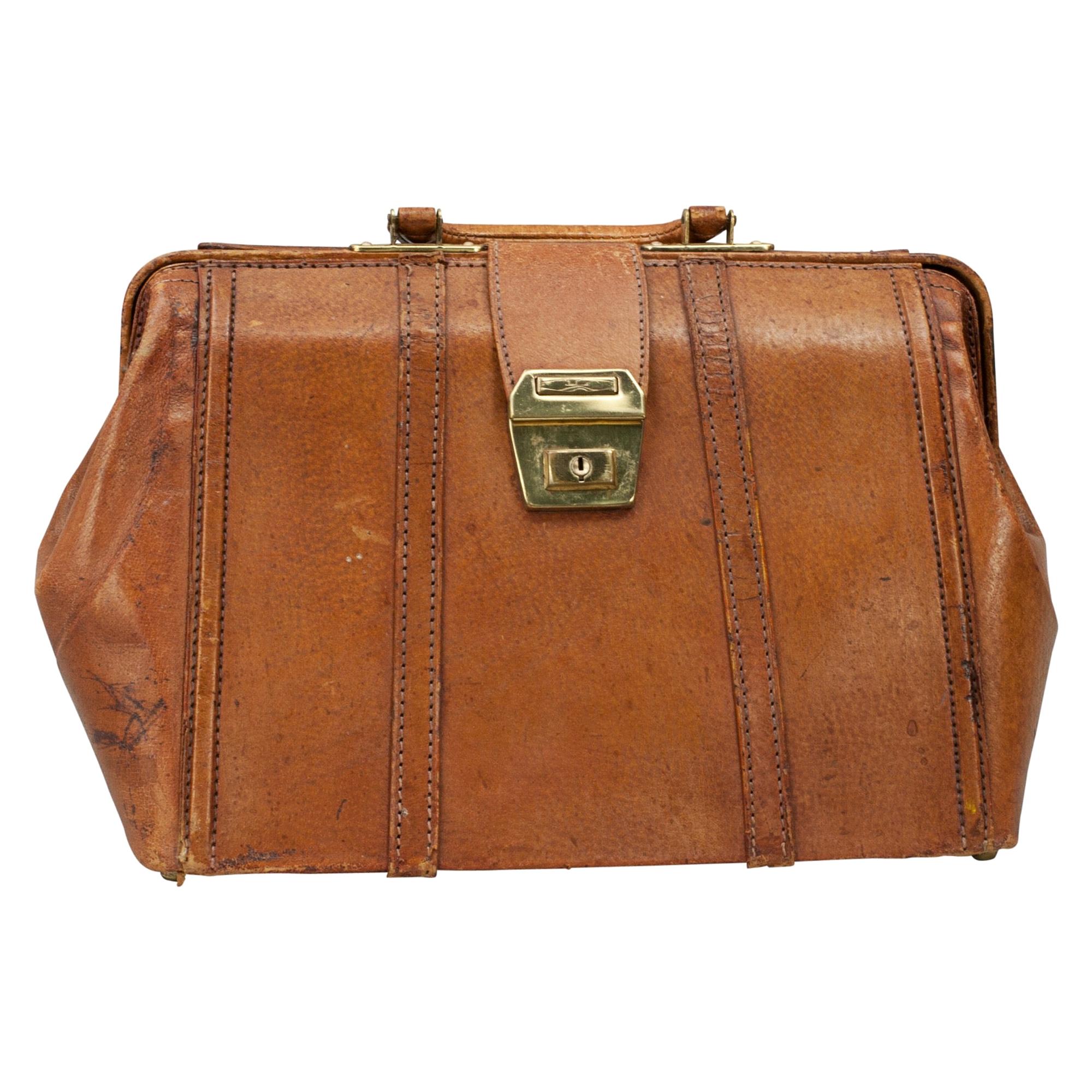 Vintage Leather Bag with Carry Handles For Sale
