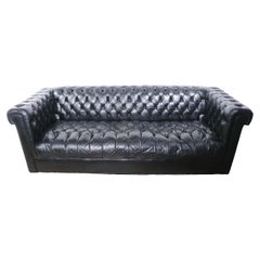 Retro Leather Box Sofa in Distressed Tufted Black Leather, circa1930-1950