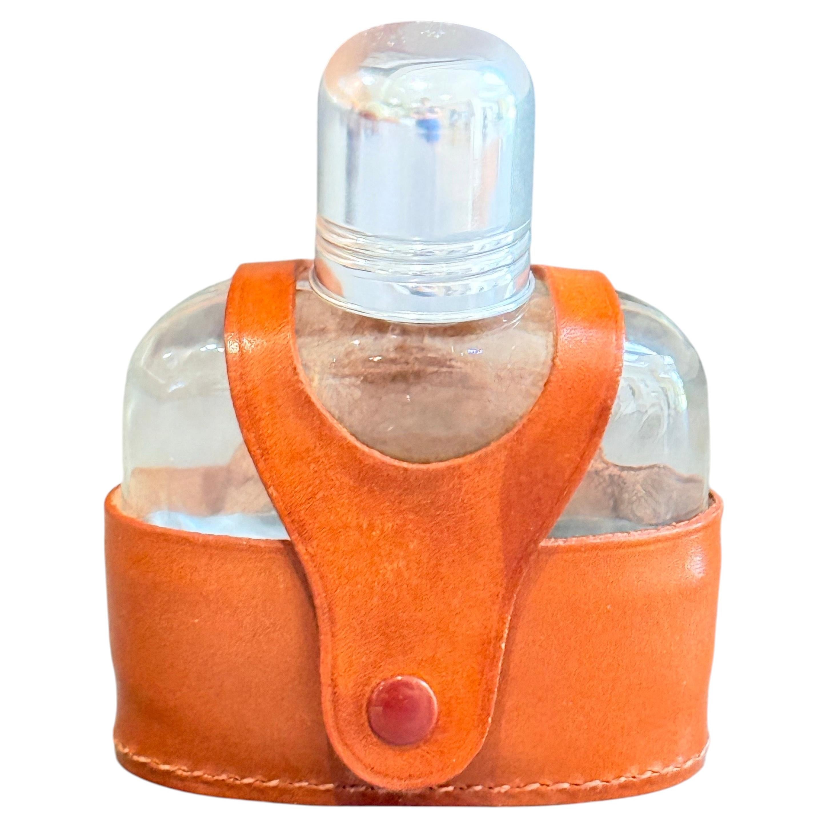 Vintage Leather-Cased Glass Perfume Flask with Chrome Cap, Travel Scent Bottle