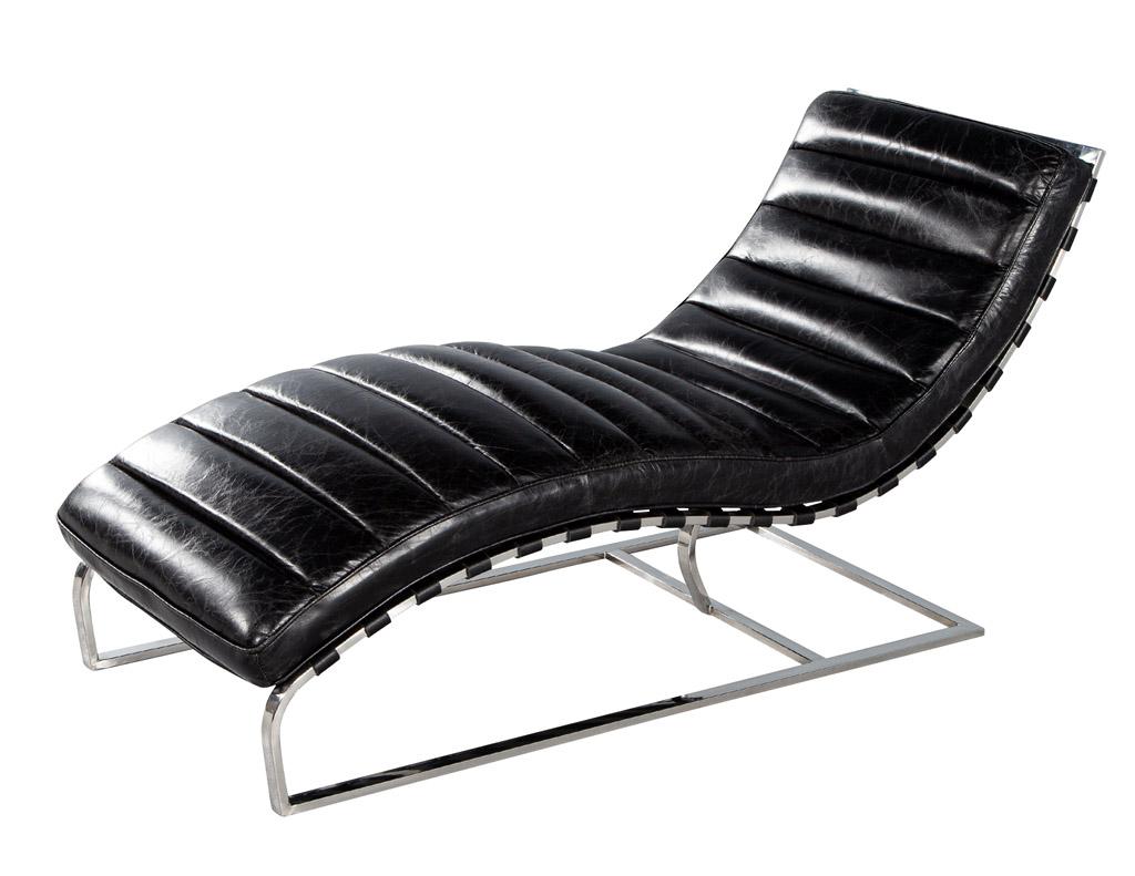 Vintage Leather Channel Chaise Lounge with Stainless Steel Base 8