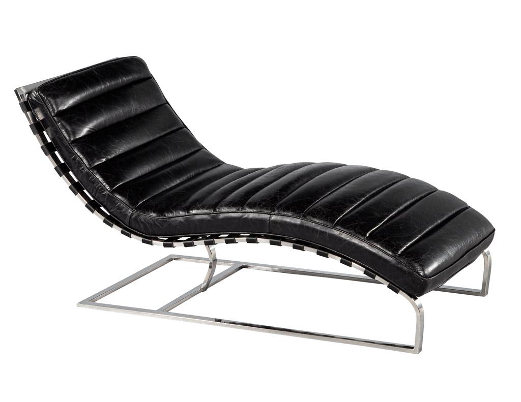 Vintage Leather Channel Chaise Lounge with Stainless Steel Base 10