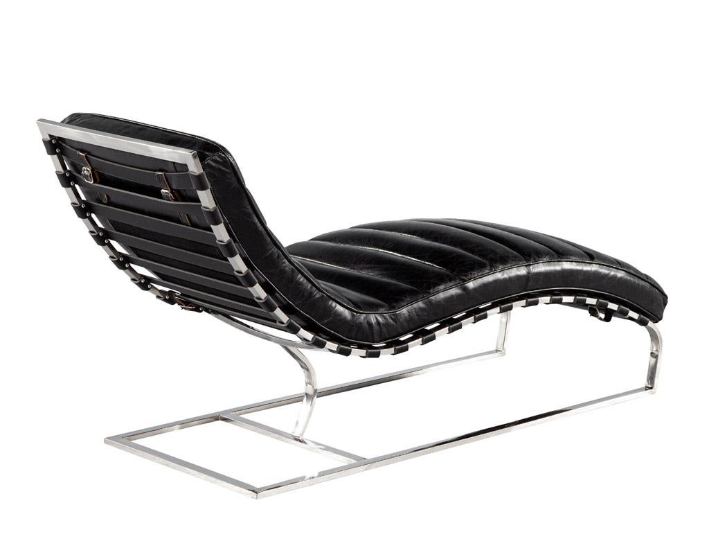 Vintage Leather Channel Chaise Lounge with Stainless Steel Base 11