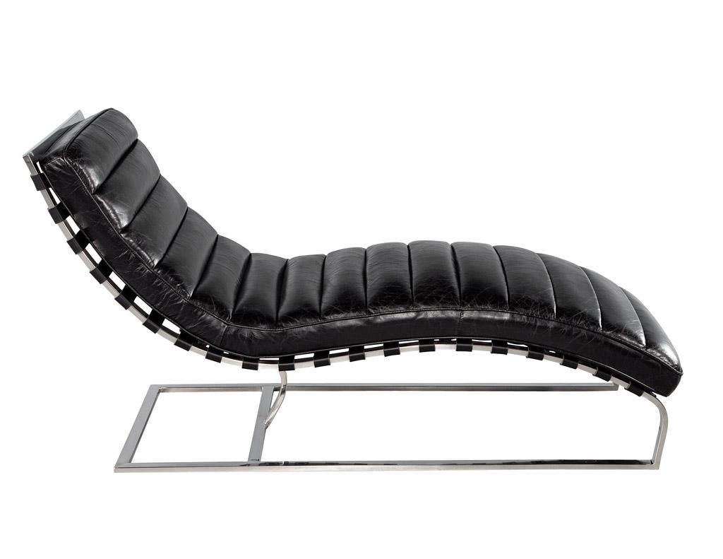 Vintage Leather Channel Chaise Lounge with Stainless Steel Base 13