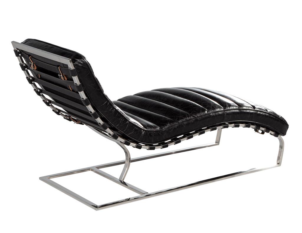 Vintage Leather Channel Chaise Lounge with Stainless Steel Base 14