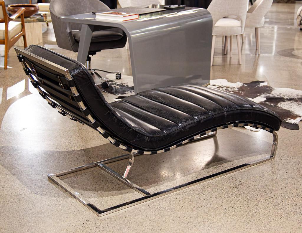 Modern Vintage Leather Channel Chaise Lounge with Stainless Steel Base