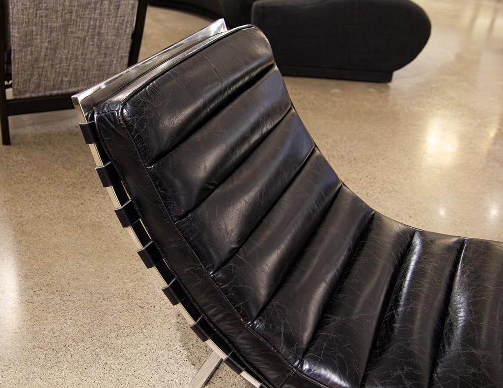 French Vintage Leather Channel Chaise Lounge with Stainless Steel Base