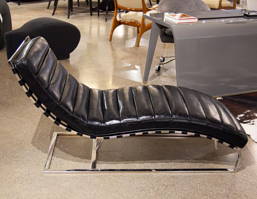 Vintage Leather Channel Chaise Lounge with Stainless Steel Base In Good Condition In North York, ON
