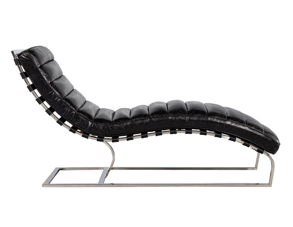 Late 20th Century Vintage Leather Channel Chaise Lounge with Stainless Steel Base