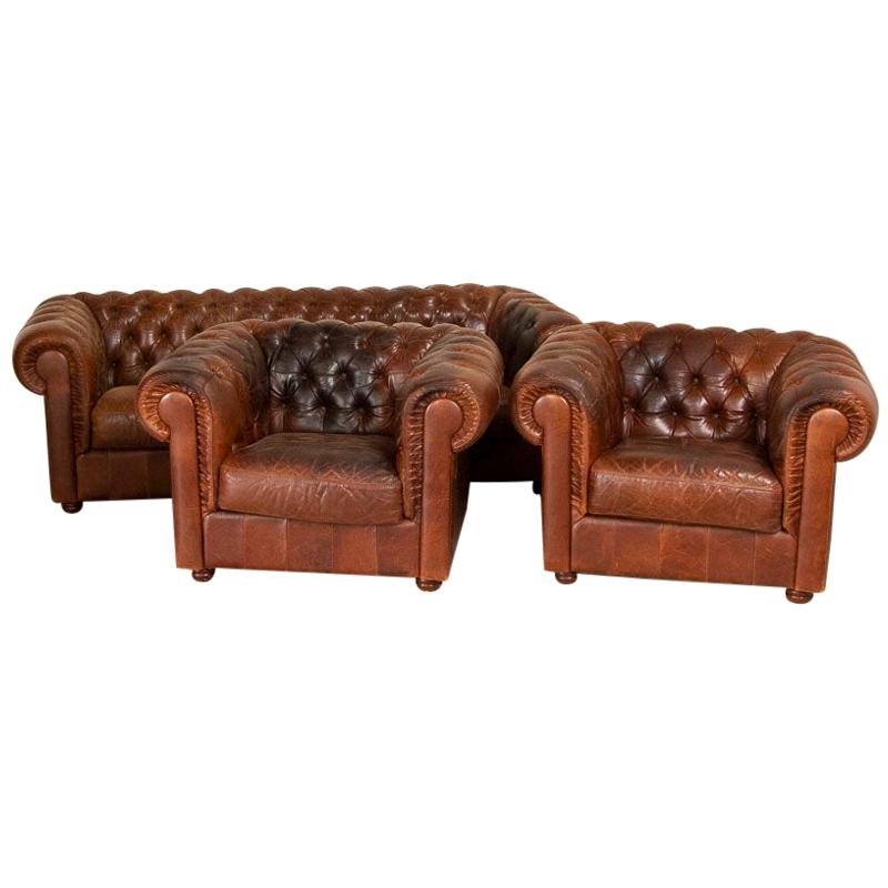 Vintage Leather Chesterfield Sofa and Club Chairs, Set of 3