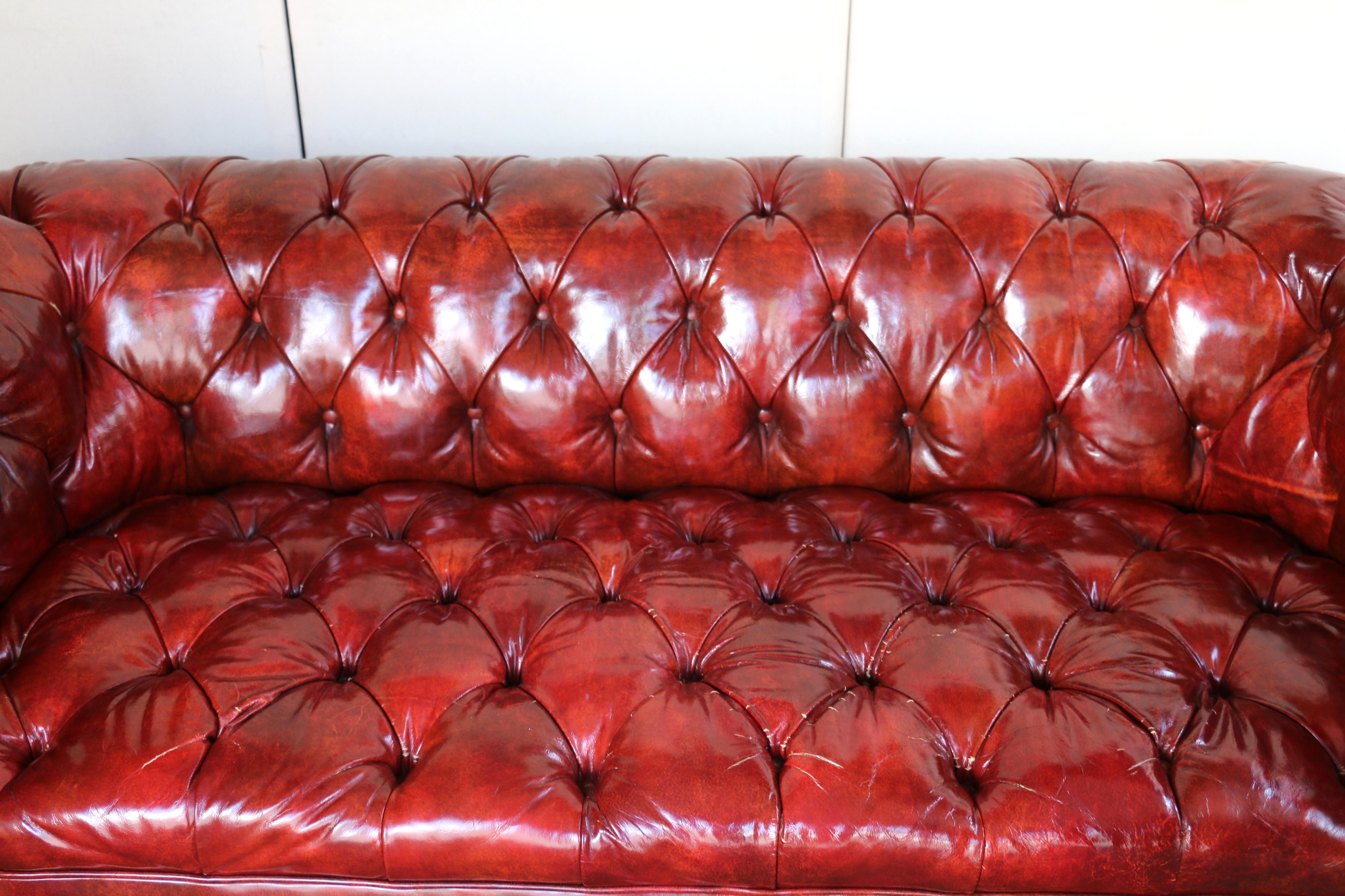 Vintage Leather Chesterfield Sofa by Baker Furniture, Circa 1950's In Good Condition For Sale In North Hollywood, CA