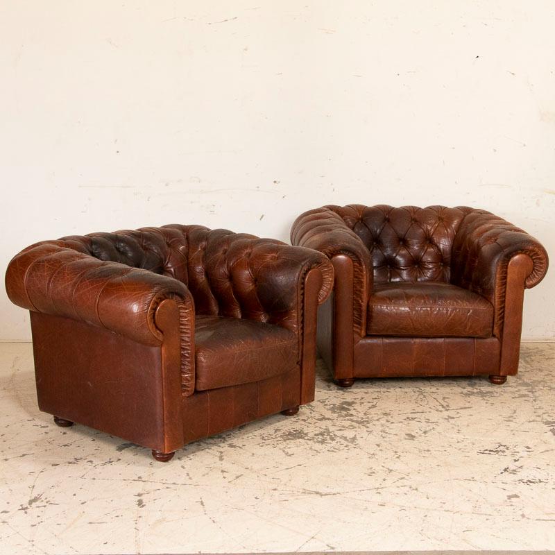 English Vintage Leather Chesterfield Sofa and Club Chairs, Set of 3