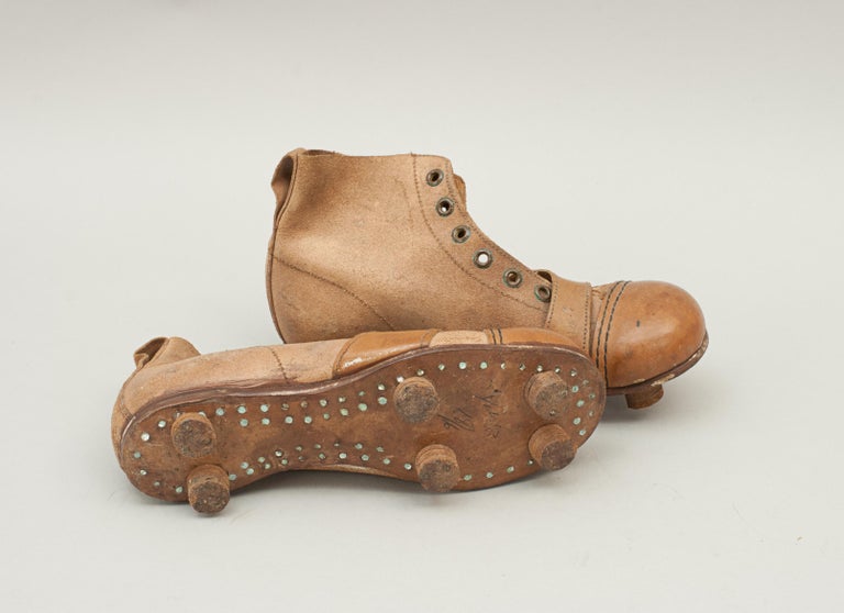 British Vintage Leather Childs Football Boots, Rare For Sale