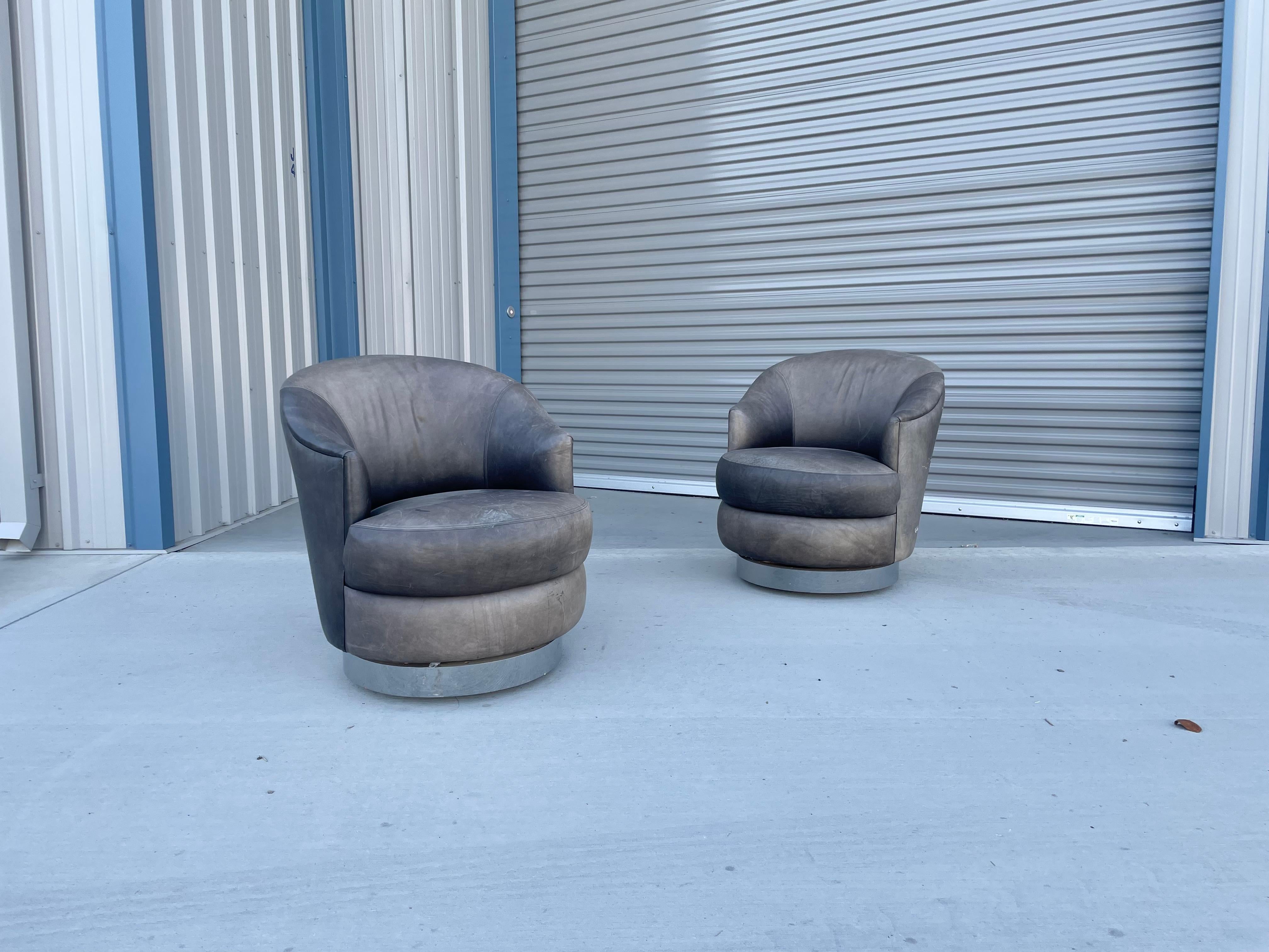 Mid-Century Modern Vintage Leather Chrome Swivel Chairs by J Robert Scott For Sale