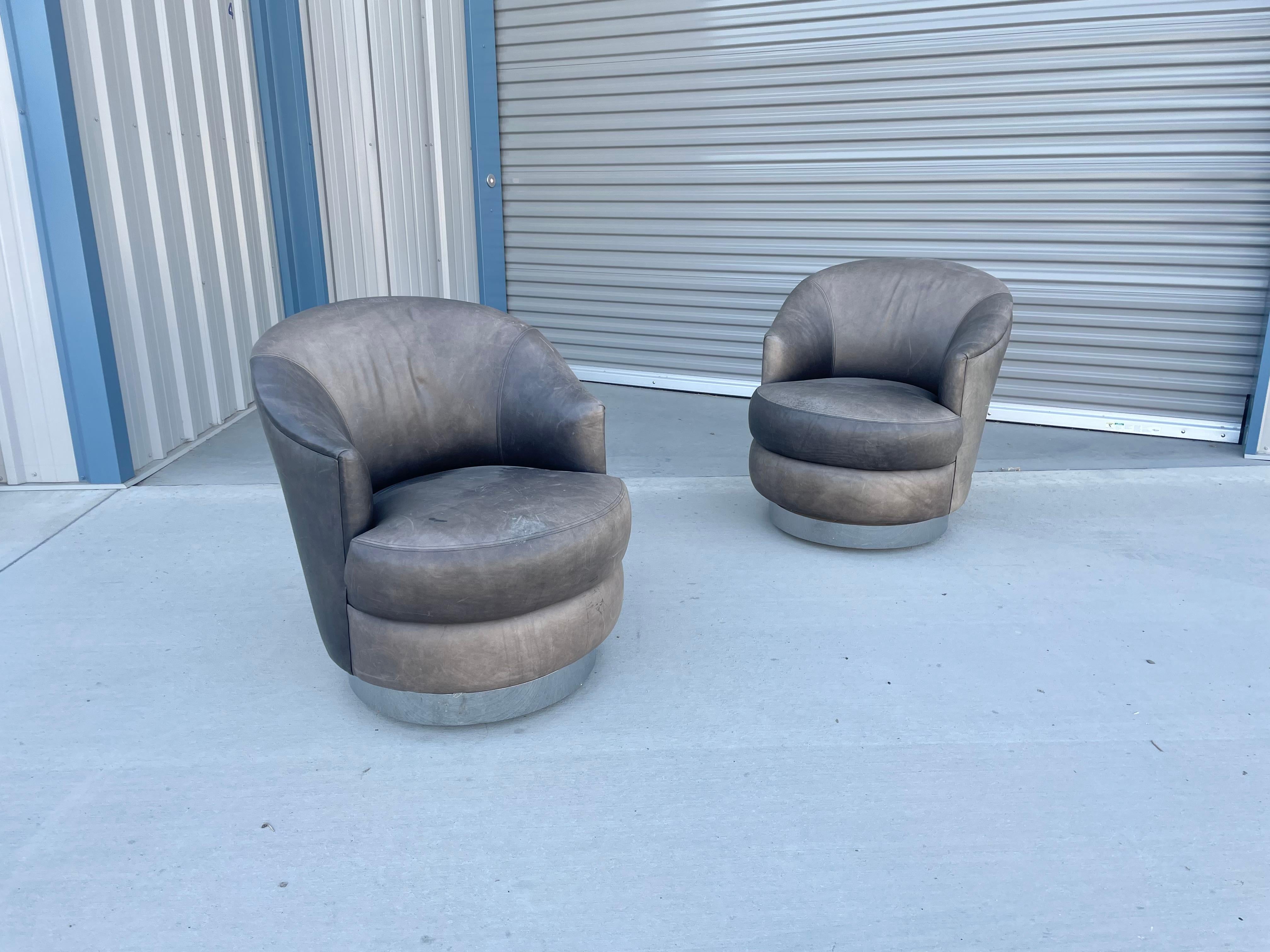 American Vintage Leather Chrome Swivel Chairs by J Robert Scott For Sale