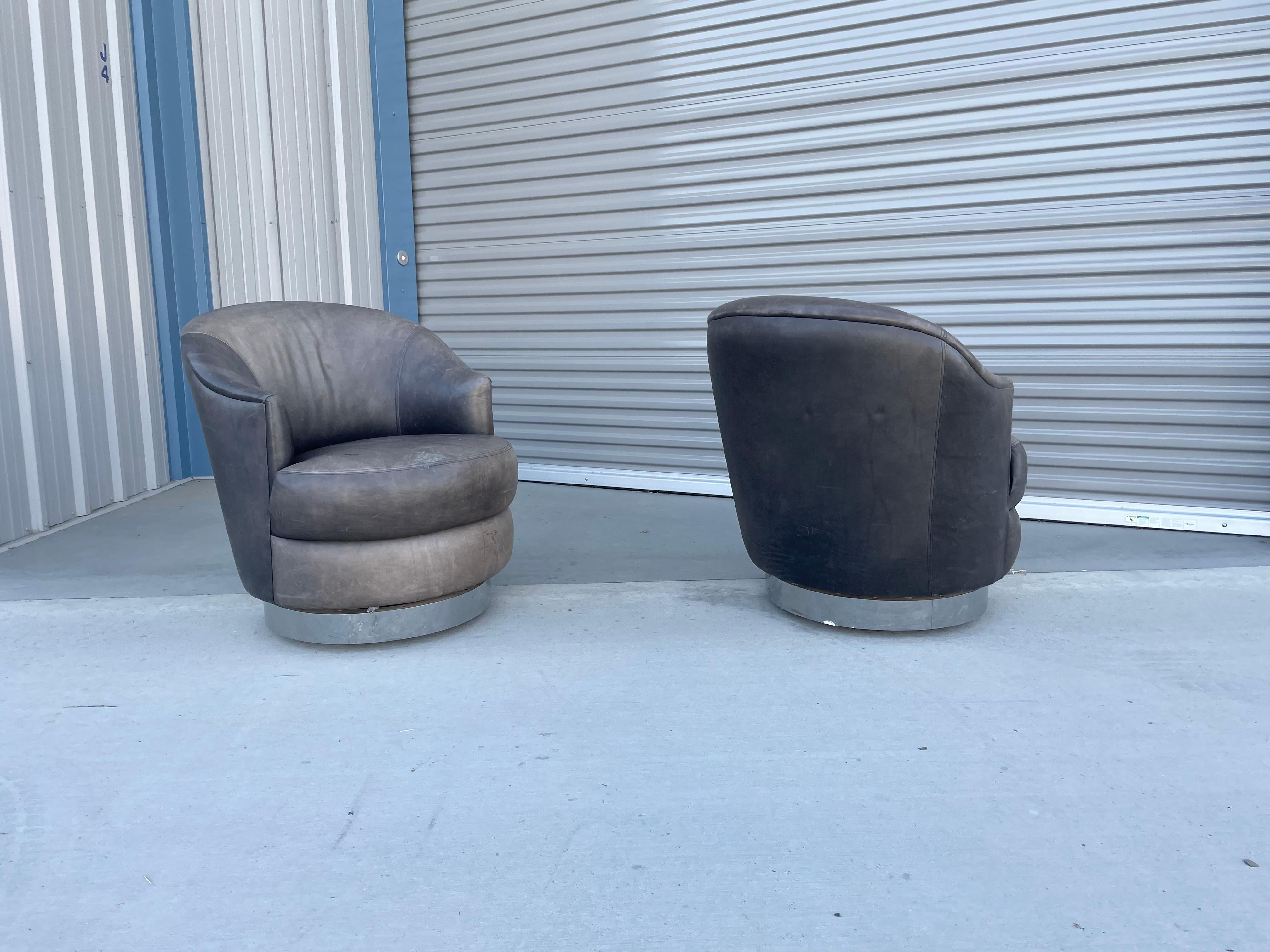 Vintage Leather Chrome Swivel Chairs by J Robert Scott For Sale 1