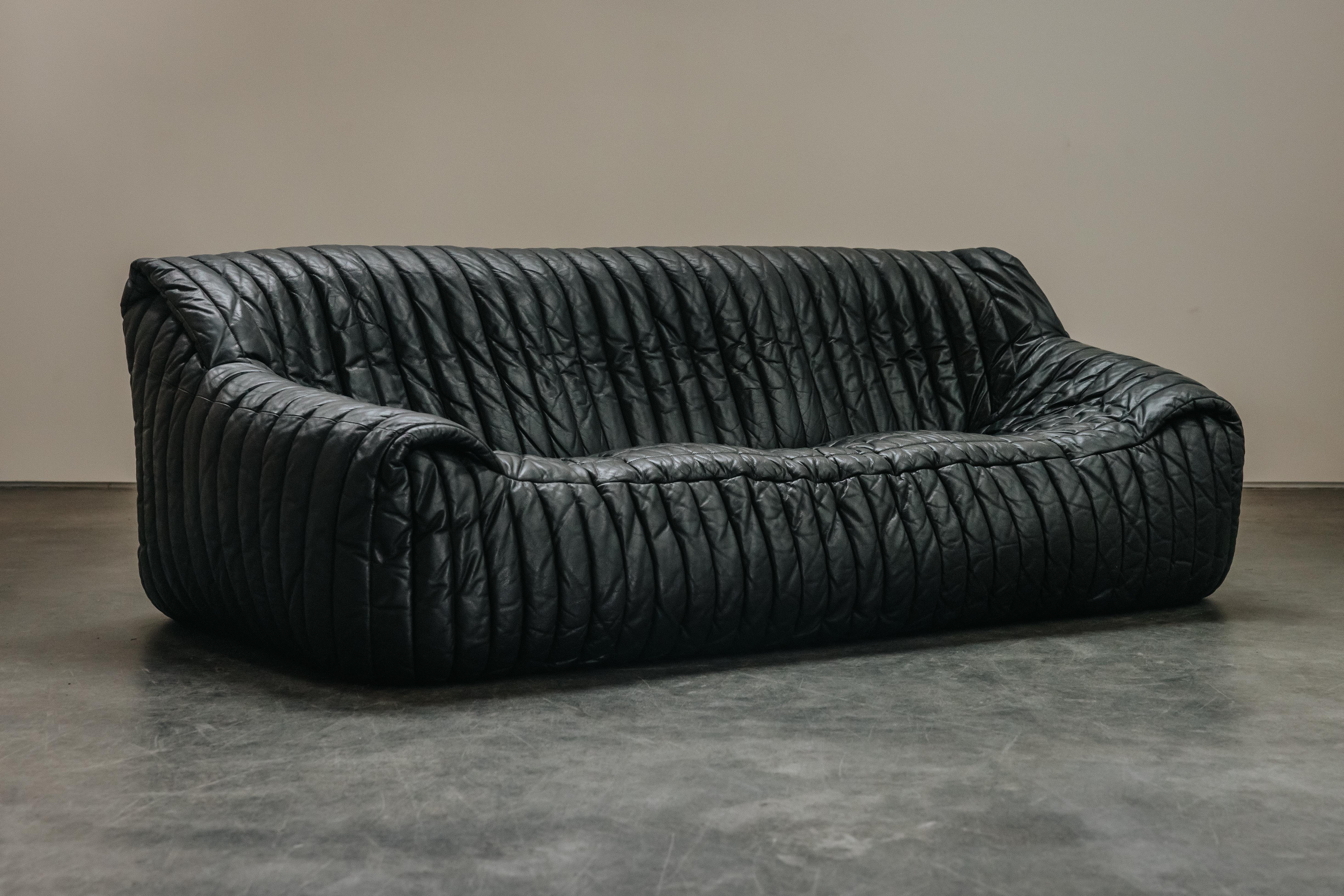 European Vintage Leather Cinna Three Seater Sofa From France, Circa 1970