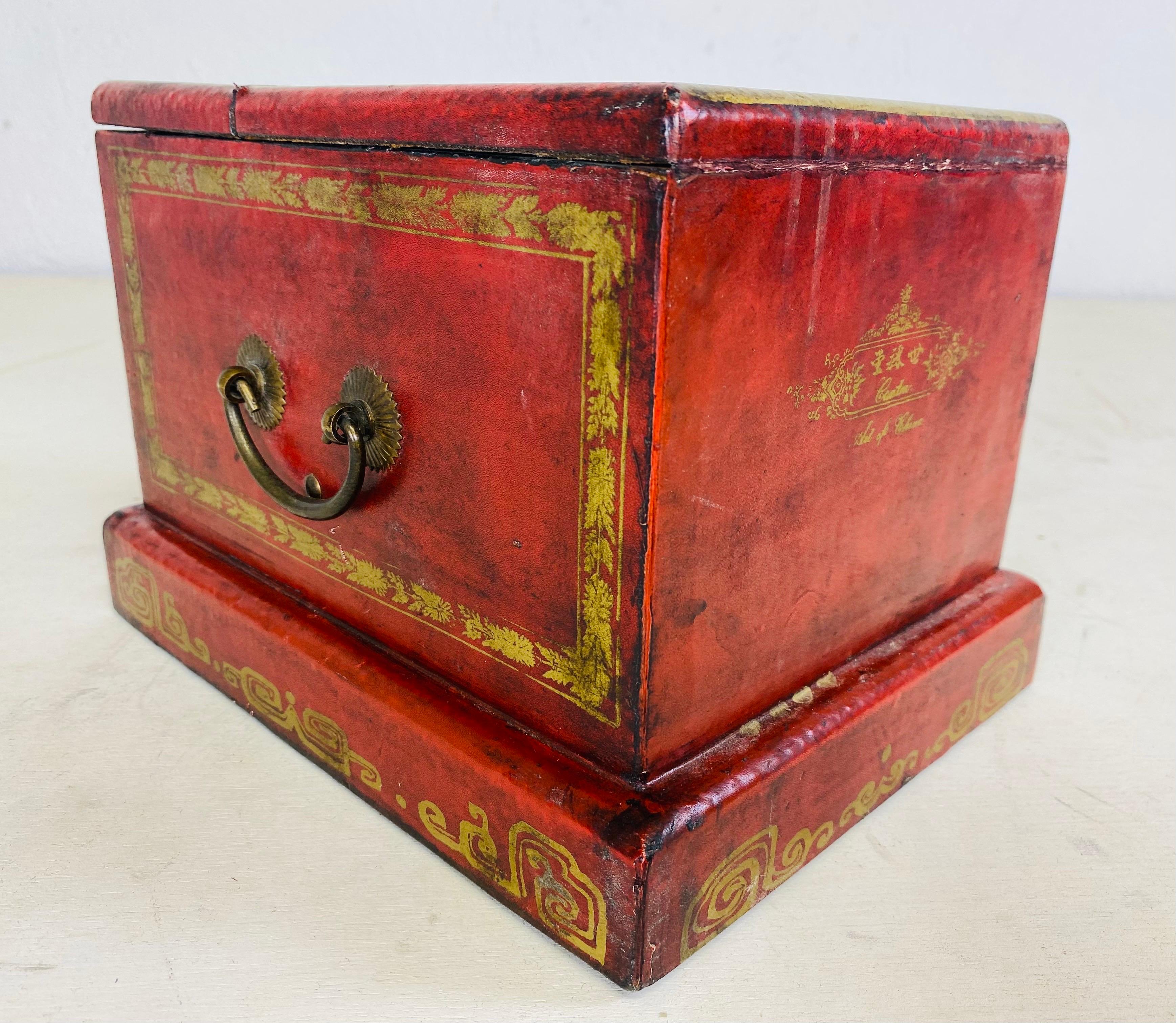 Chinese Export Vintage leather clad hand painted Chinese dresser box. For Sale