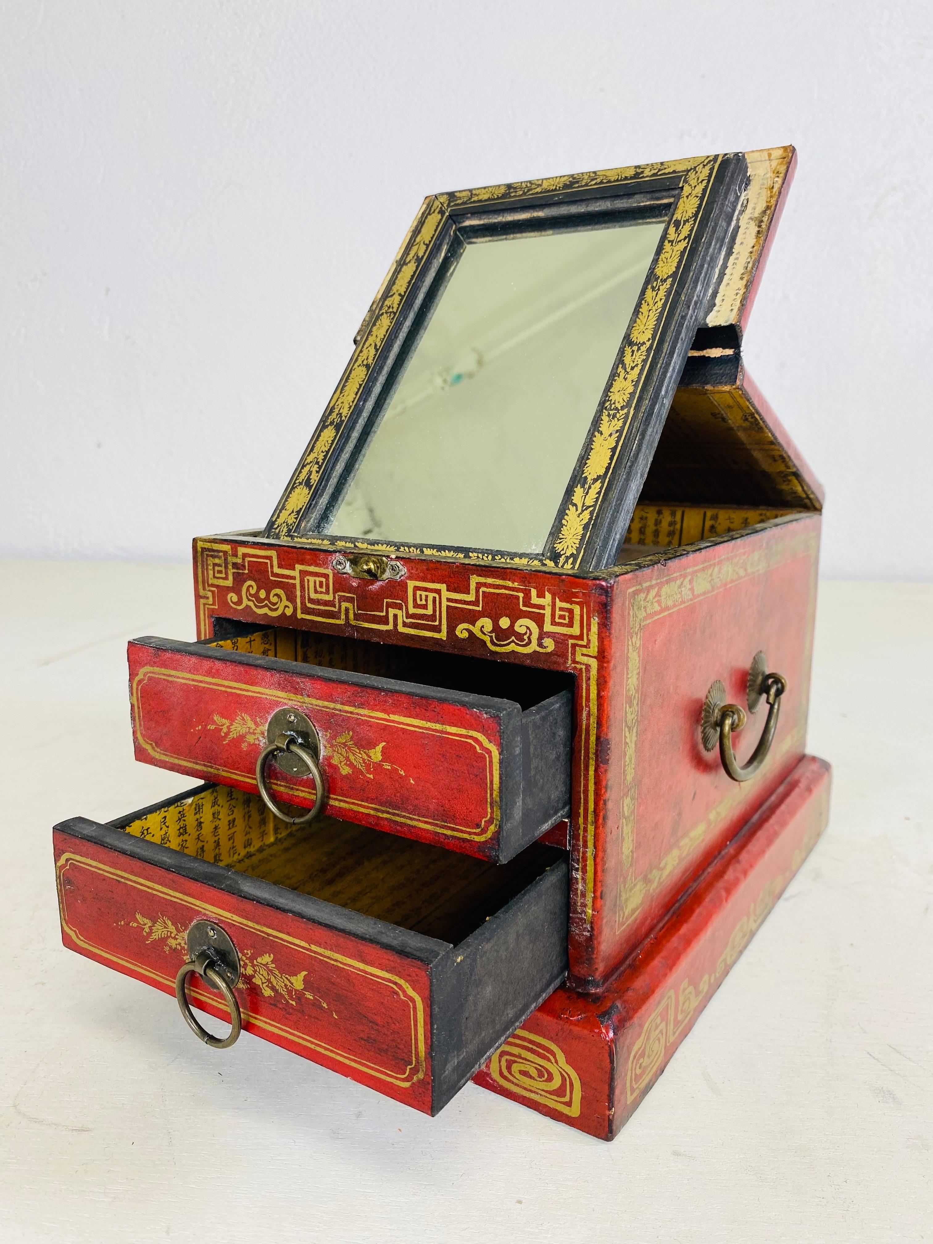Leather Vintage leather clad hand painted Chinese dresser box. For Sale