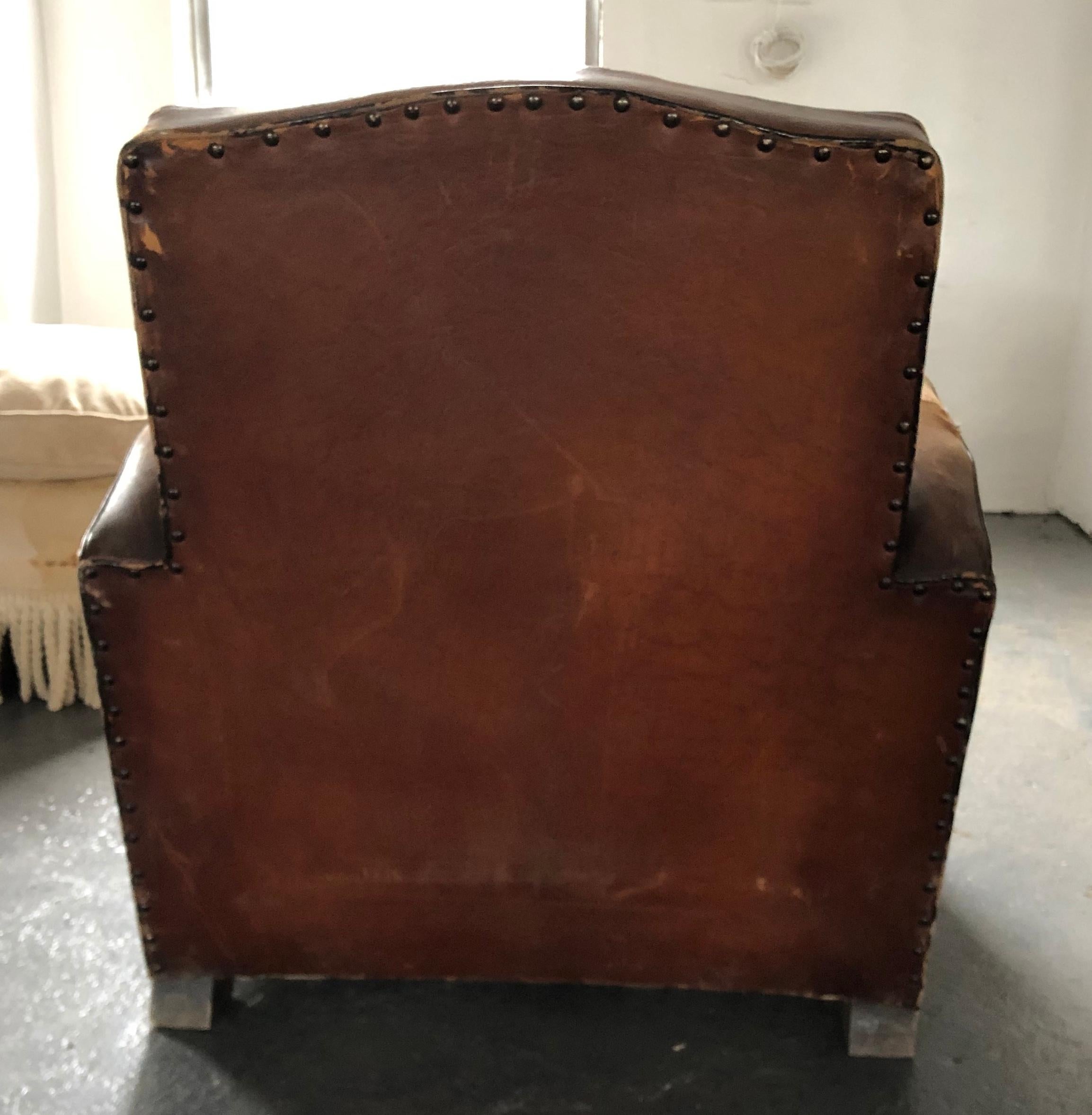Art Deco Vintage Leather Club Chair in Original Saddle Leather with Contrast Welting