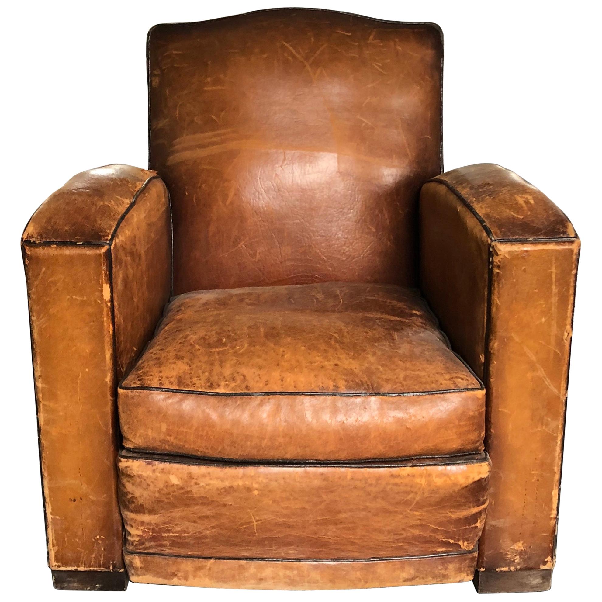 Vintage Leather Club Chair In Original Saddle Leather With Contrast Welting At 1stdibs
