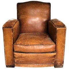 Vintage Leather Club Chair in Original Saddle Leather with Contrast Welting