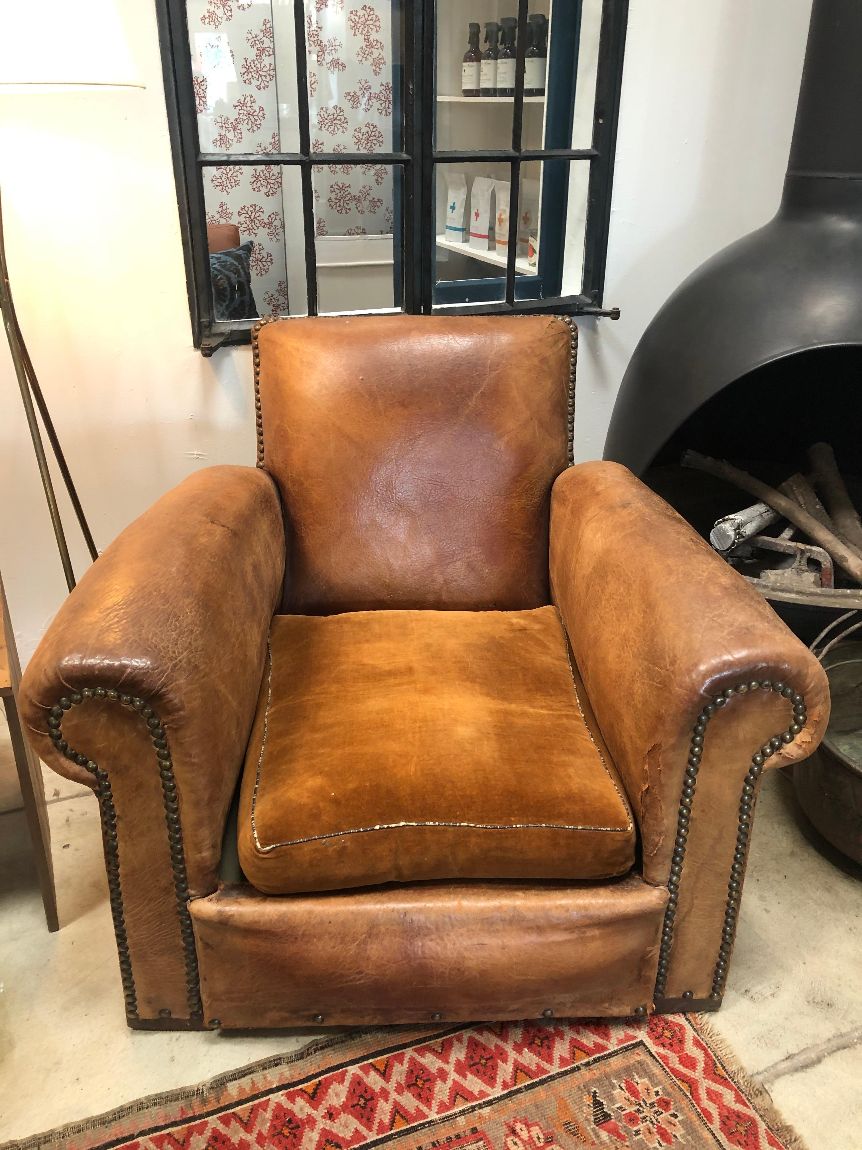 Art Deco Vintage Leather Club Chair, Pair