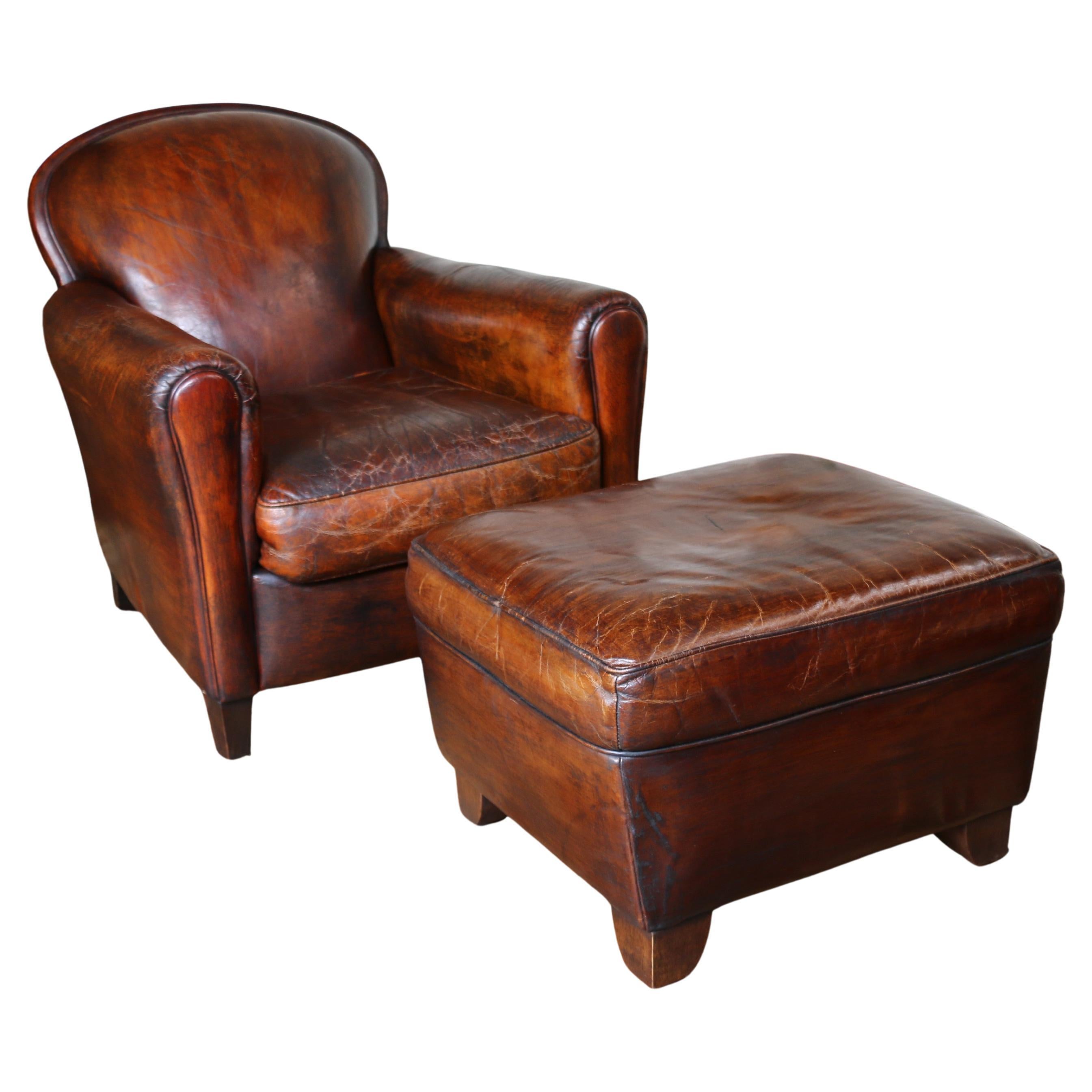 Vintage Leather Club Chair With Ottoman, Circa 1980s im Angebot