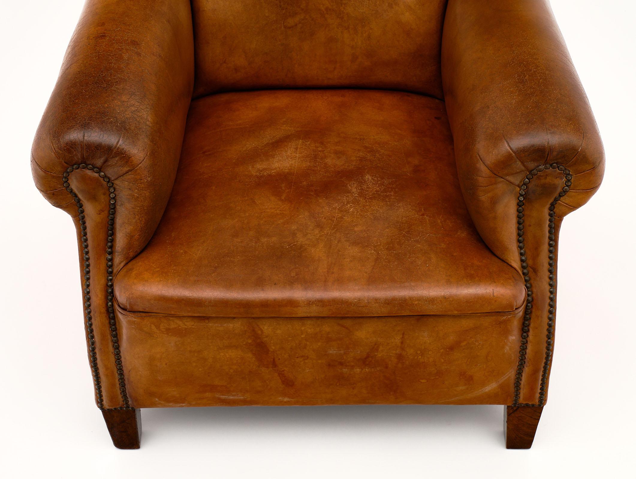 French Provincial Vintage Leather Club Chair with Ottoman
