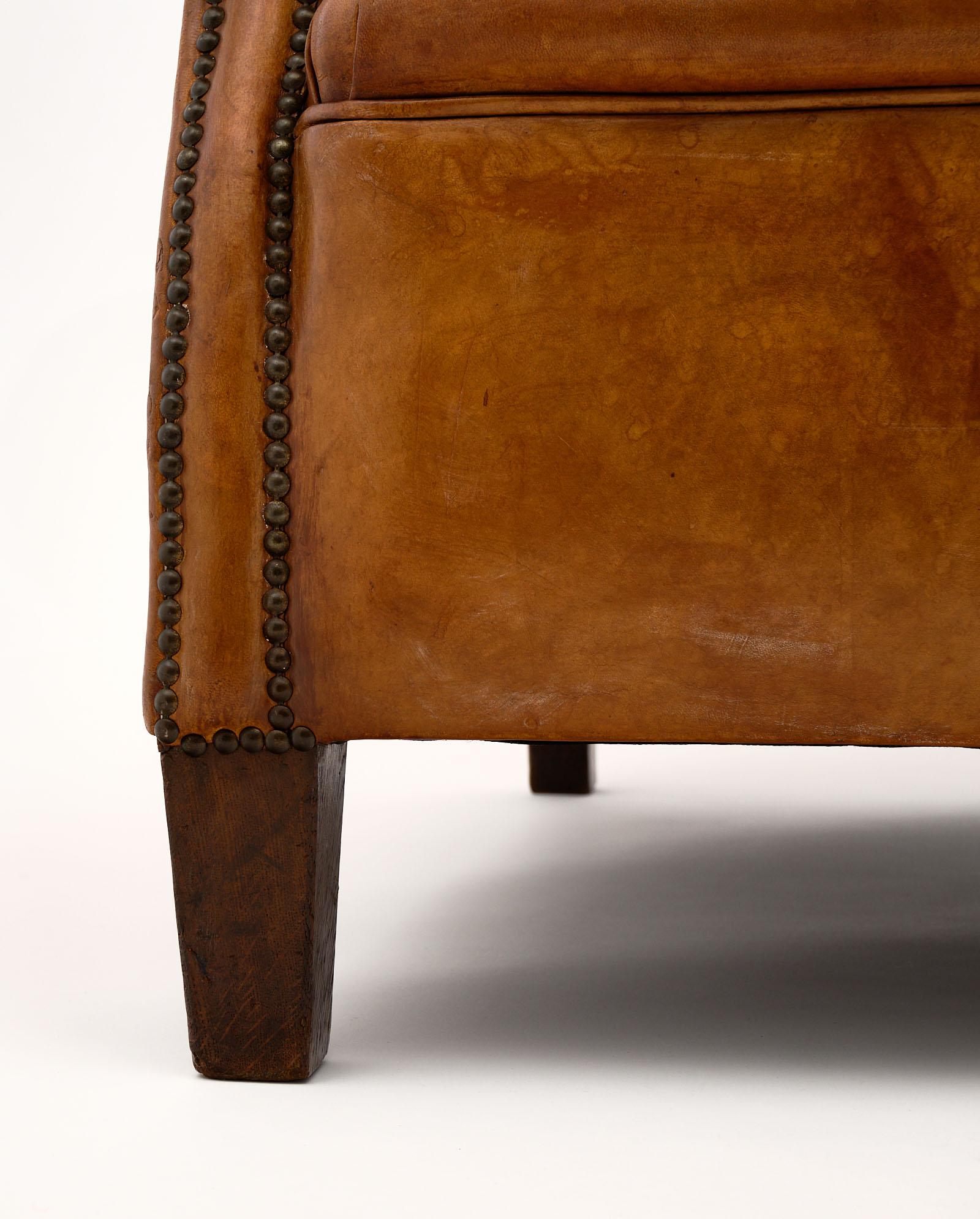 French Vintage Leather Club Chair with Ottoman