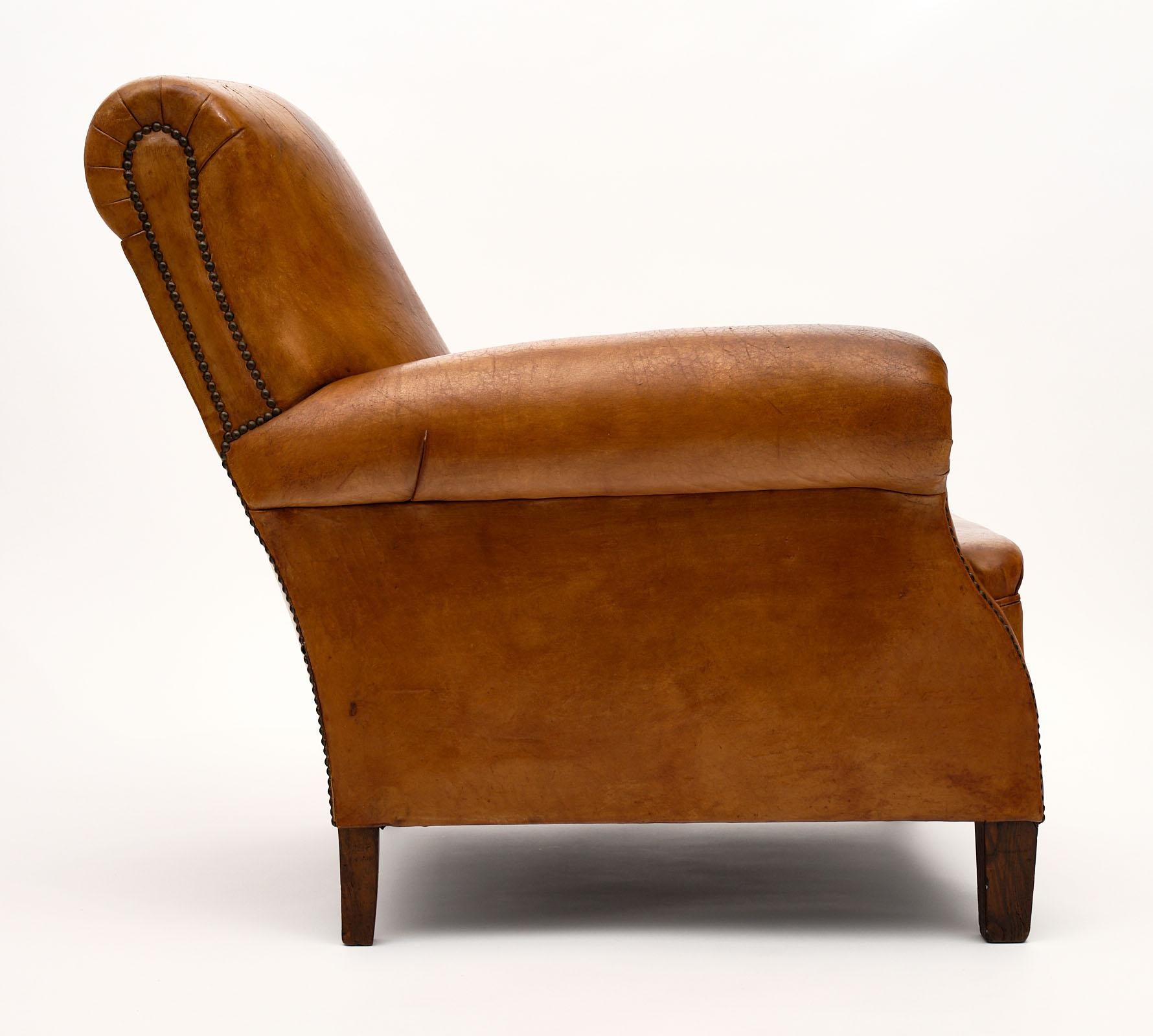Vintage Leather Club Chair with Ottoman In Good Condition In Austin, TX