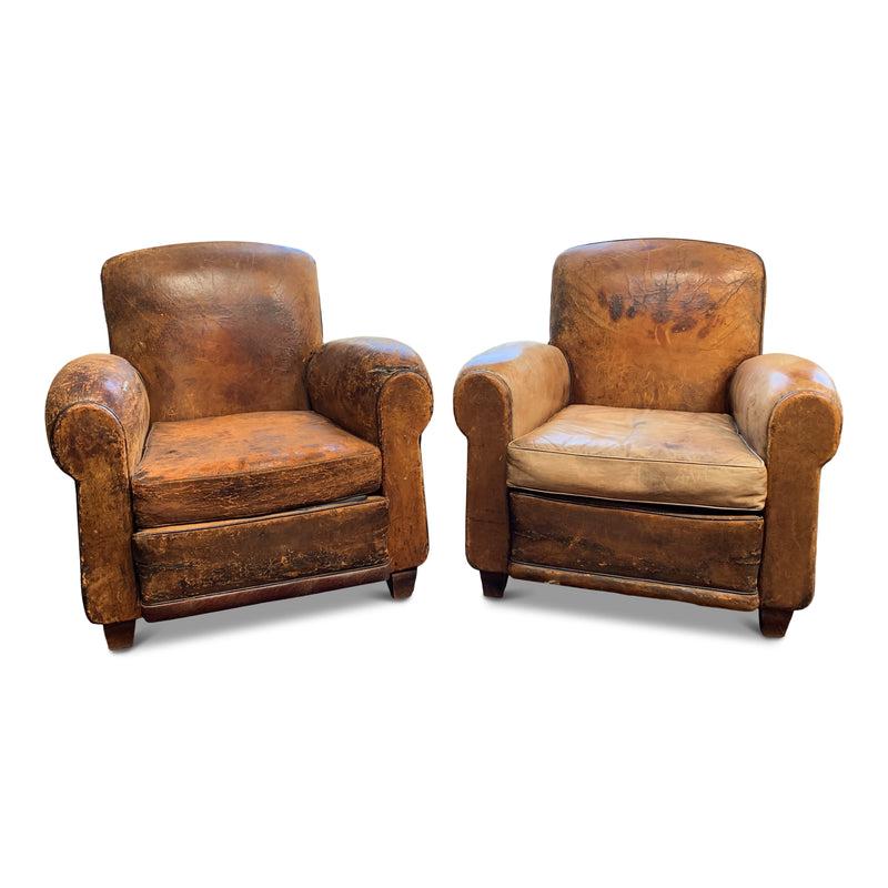 Classically designed 1930s French leather club chairs - comfortable, striking and full of character. 

Dimensions: 33
