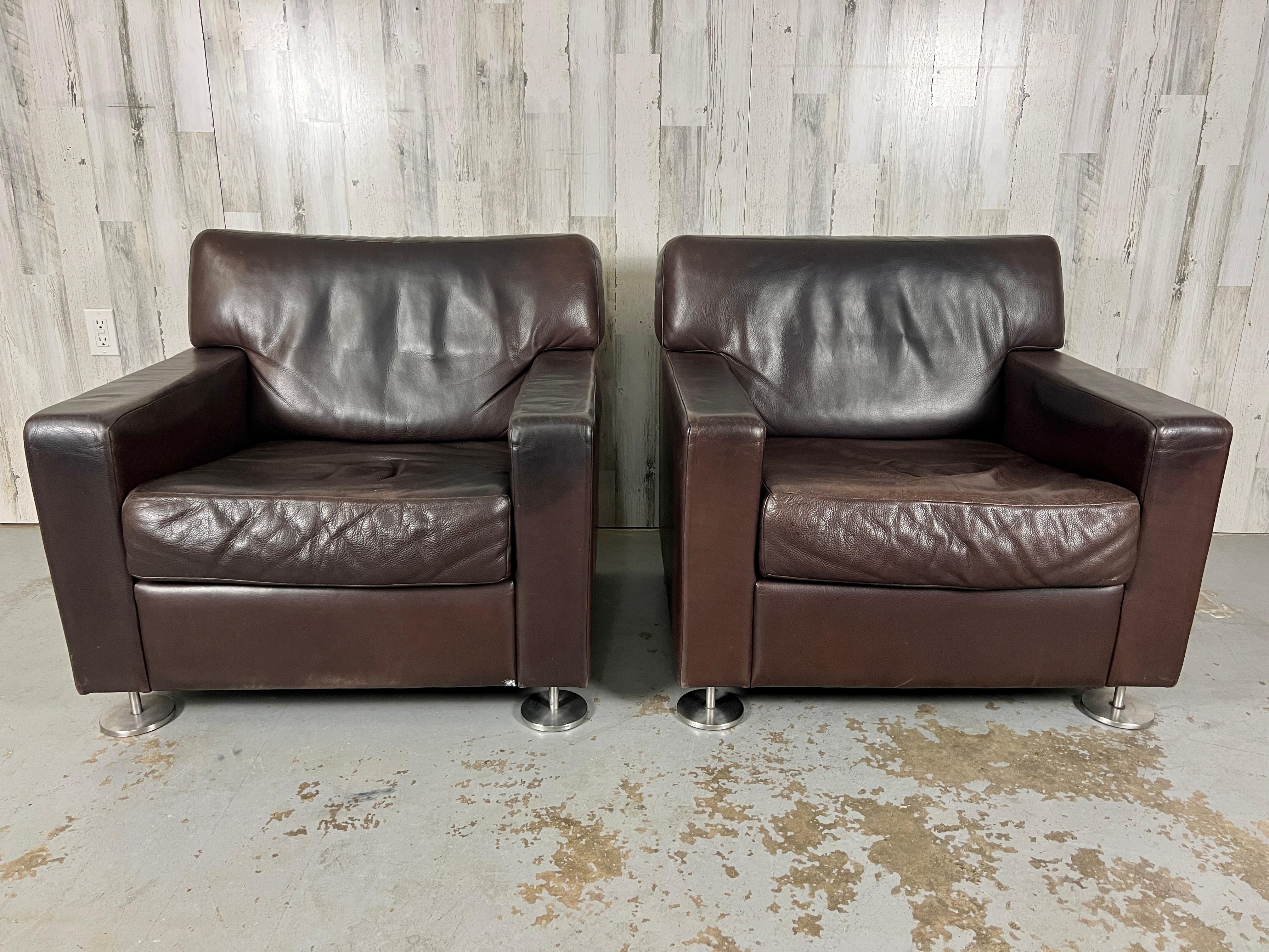 Canadian Vintage Leather Club Chairs with Steel Pod Legs for Neinkamper  For Sale