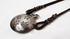 Vintage Leather Cord Sterling Silver Plated Turtle Medallion Pendant Necklace