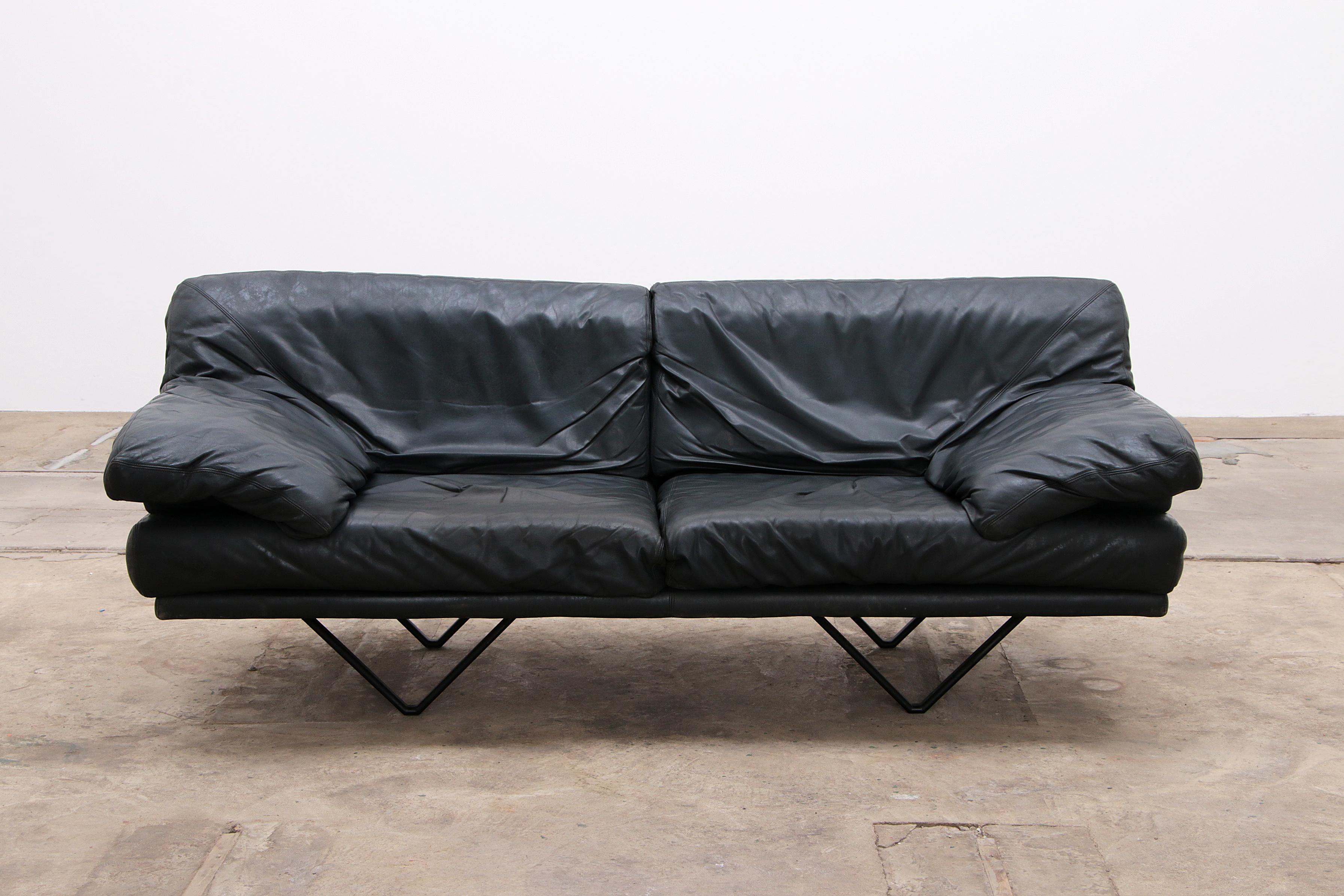 Belgian Vintage Leather Cornelius Sofa Anthracite with Metal Base  For Sale