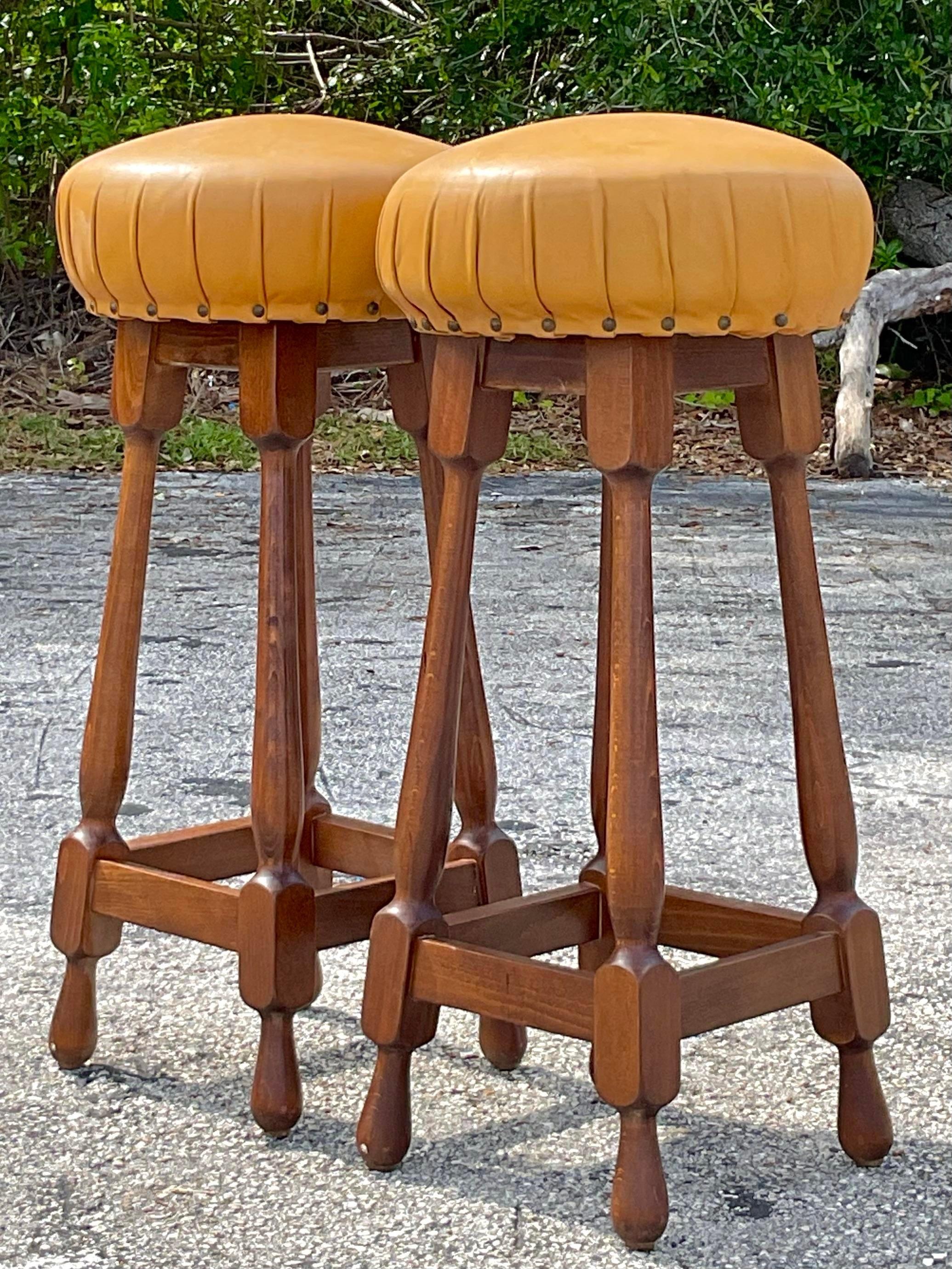 Rustic Vintage Leather Covered Spindle Style Nailhead Bar Stools - Pair For Sale