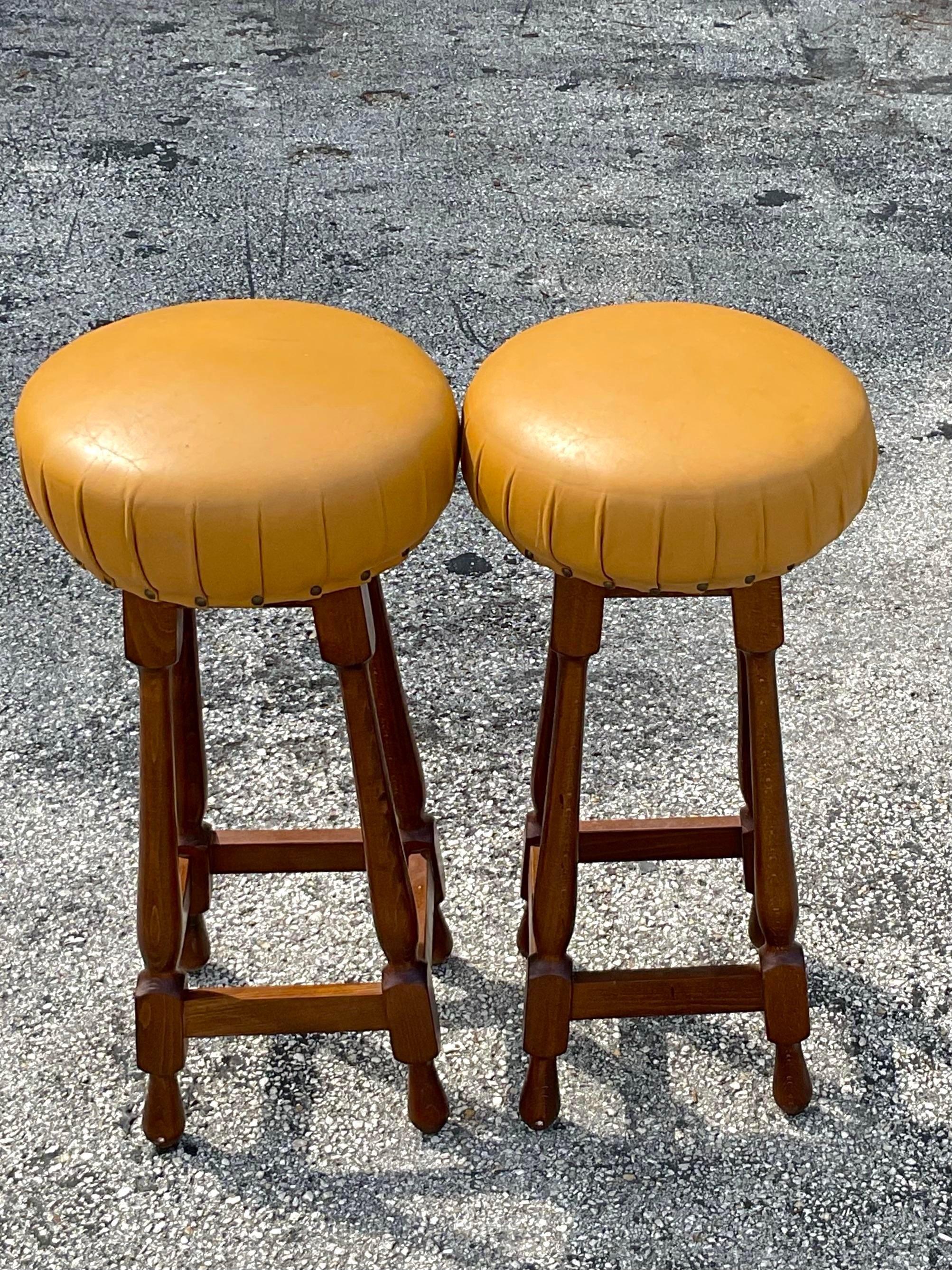 Vintage Leather Covered Spindle Style Nailhead Bar Stools - Pair In Good Condition For Sale In west palm beach, FL