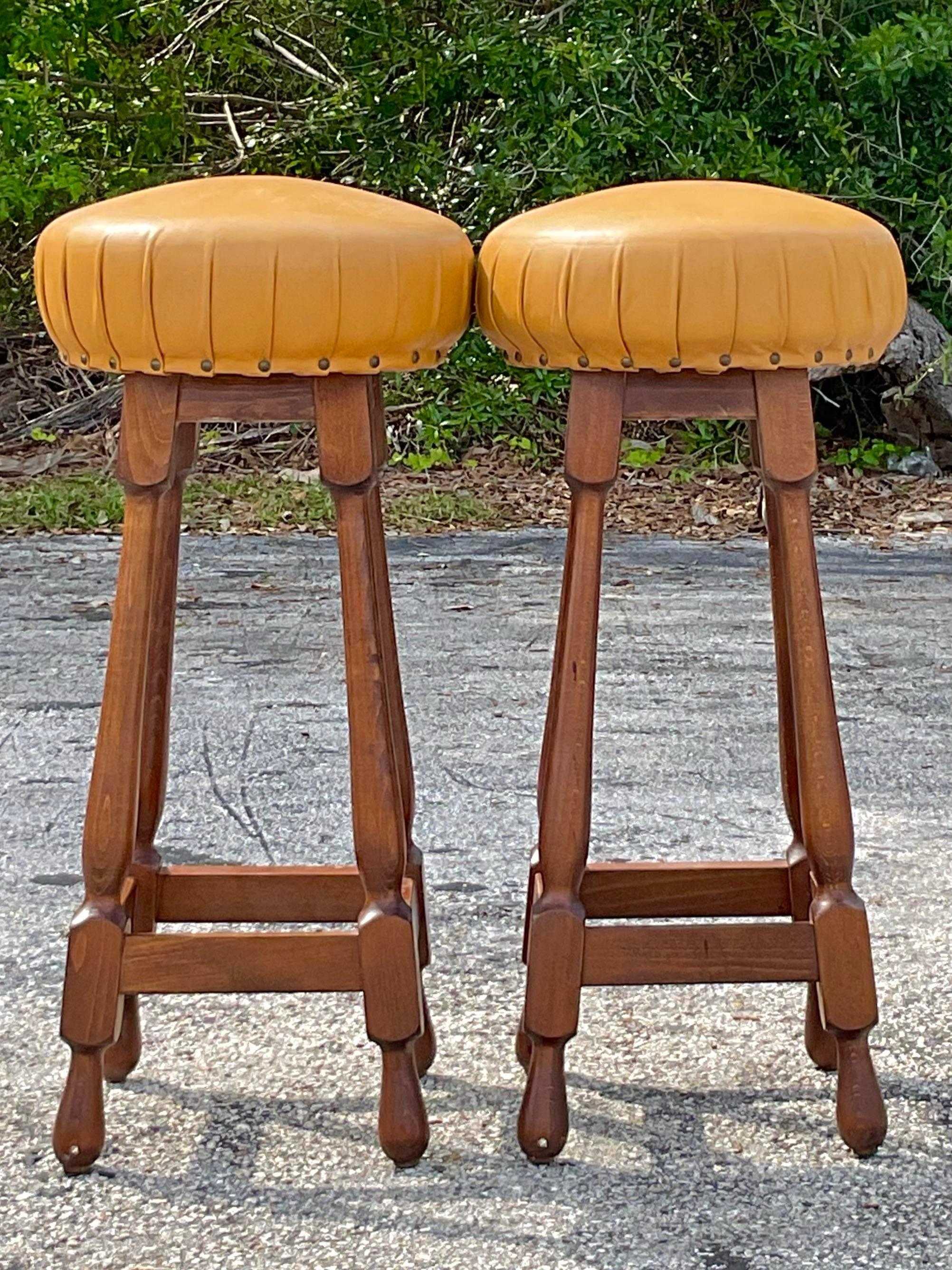 20th Century Vintage Leather Covered Spindle Style Nailhead Bar Stools - Pair For Sale