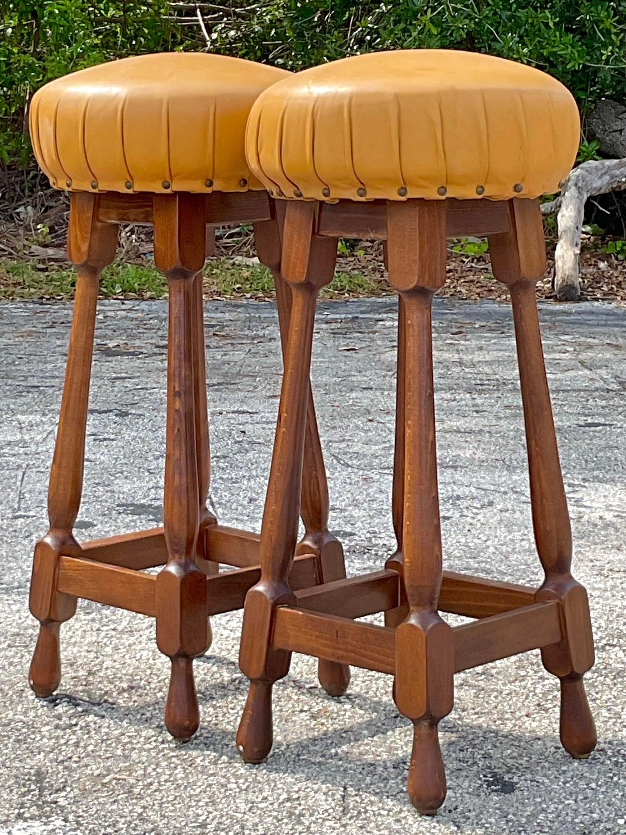 Vintage Leather Covered Spindle Style Nailhead Bar Stools - Pair For Sale 1