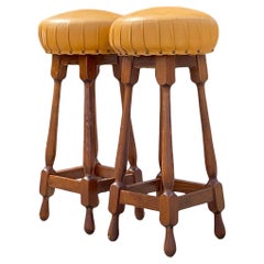 Used Leather Covered Spindle Style Nailhead Bar Stools - Pair